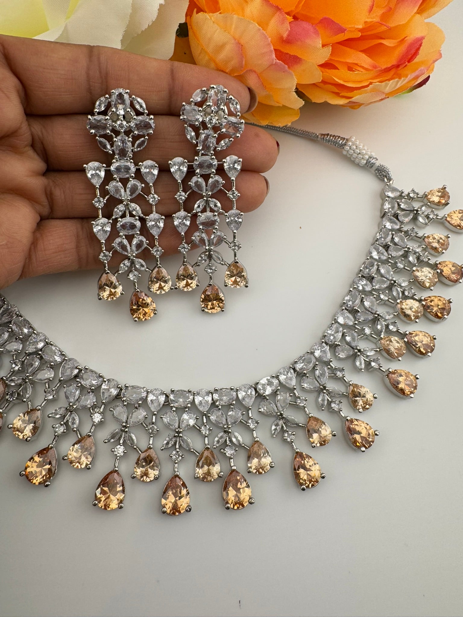 Champagne Premium Designer Necklace set with Swarovski crystals, Cubic Zirconia, Bridal Wear Necklace