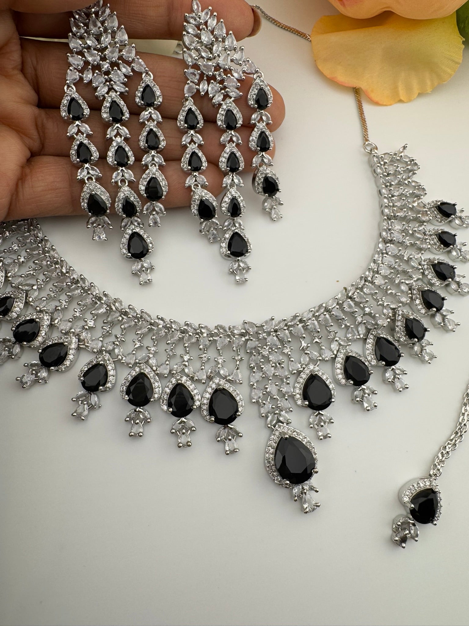 Black Premium Designer Necklace set with Swarovski crystals, Cubic Zirconia, Bridal Wear Necklace