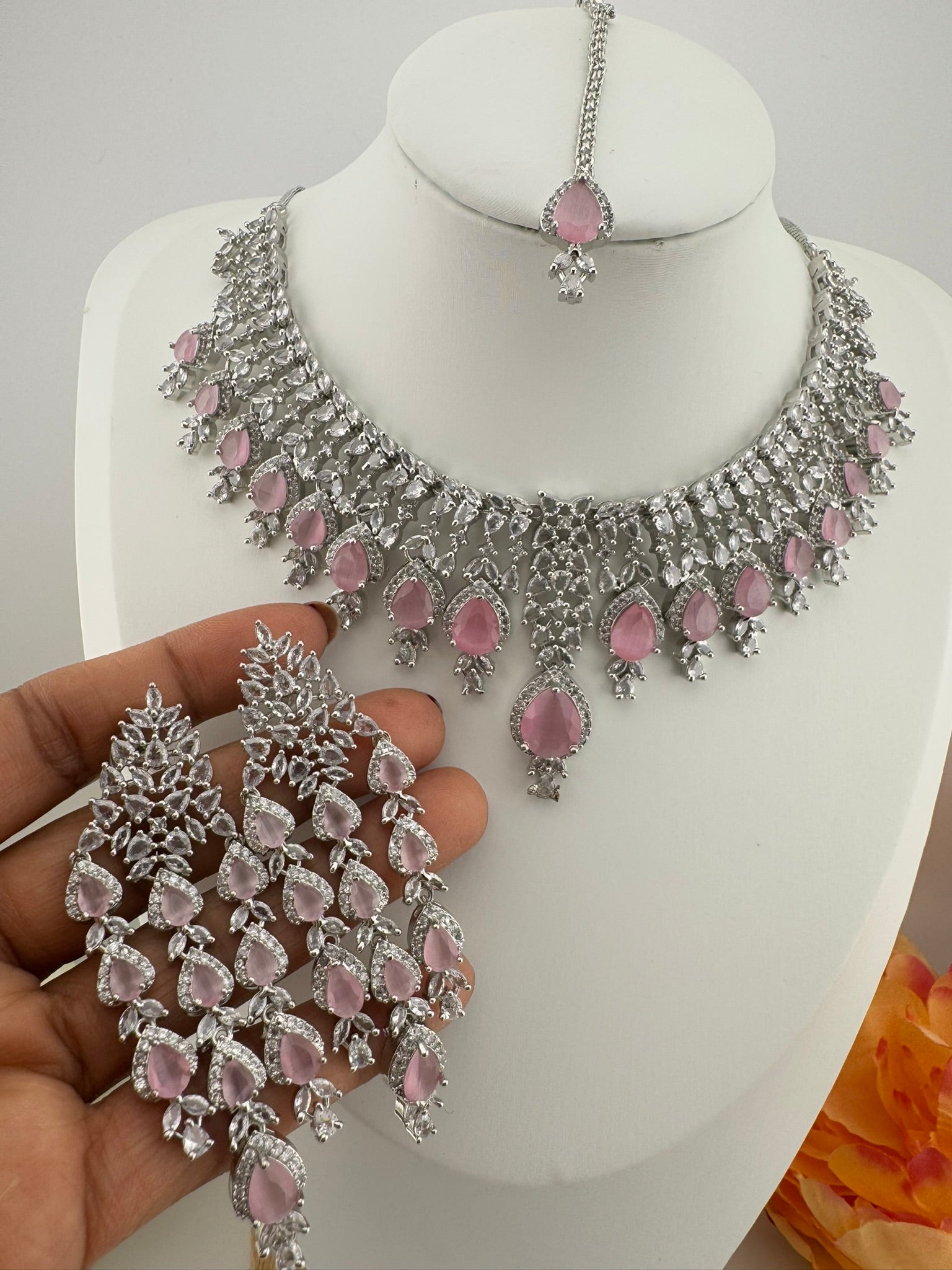 Pink Premium Designer Necklace set with Swarovski crystals, Cubic Zirconia, Bridal Wear Necklace