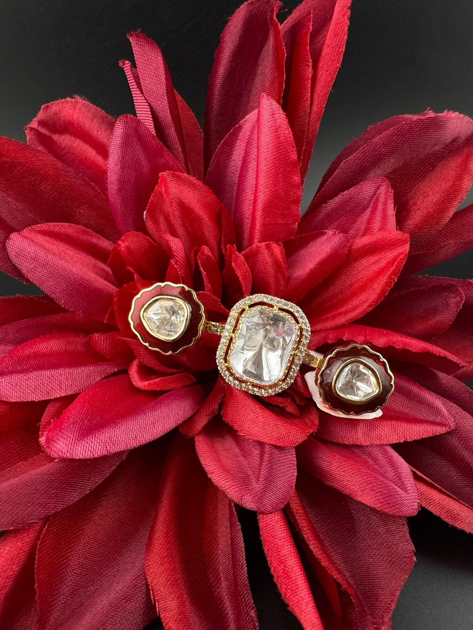 Premium 2 Finger Ring in kundan, Italian Mina(Enamel) Adjustable Finger Ring