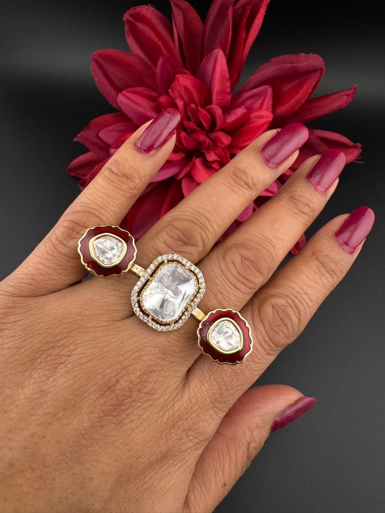 Premium 2 Finger Ring in kundan, Italian Mina(Enamel) Adjustable Finger Ring