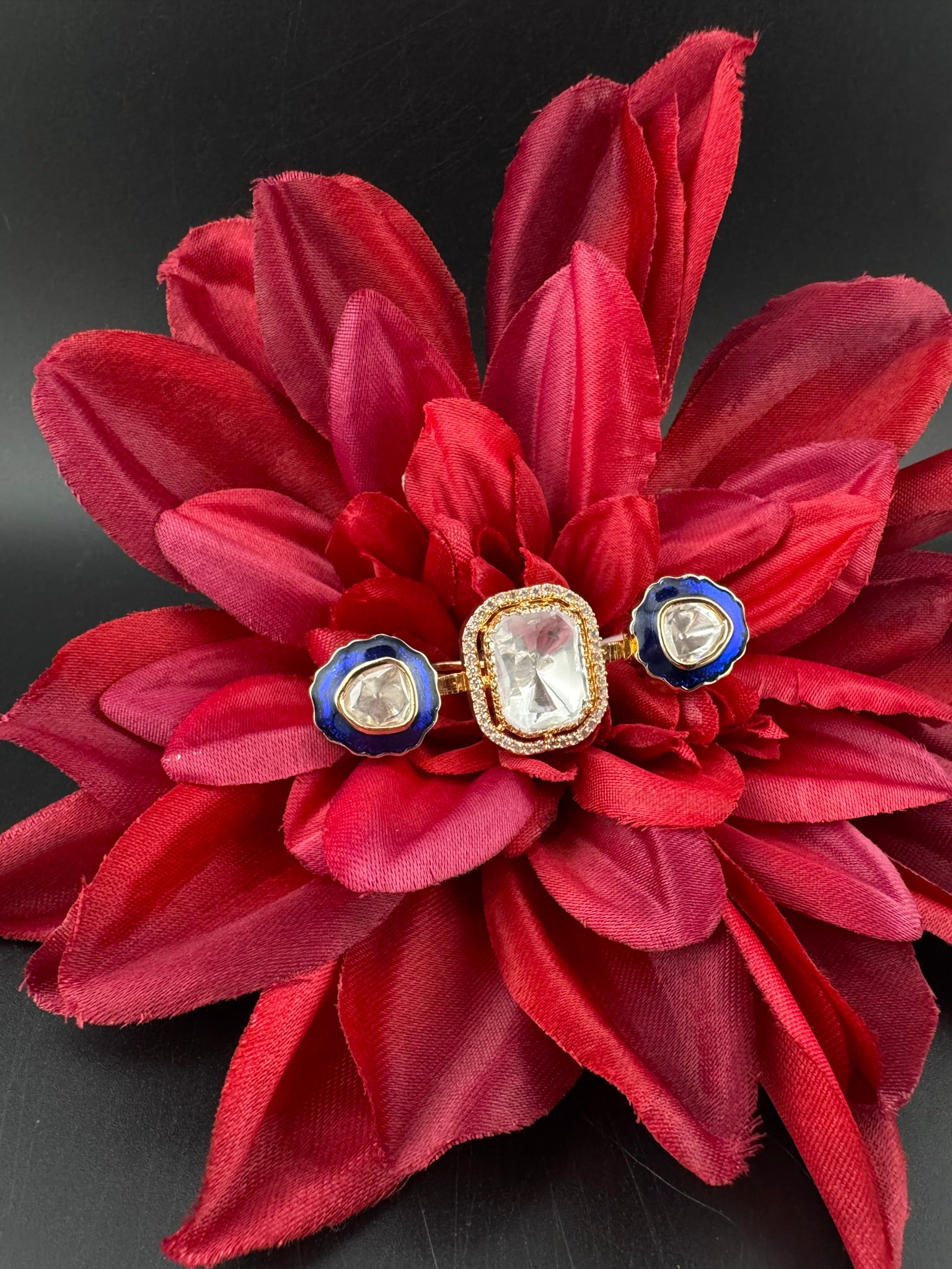 Premium 2 Finger Ring in kundan, Italian Mina(Enamel) Adjustable Finger Ring