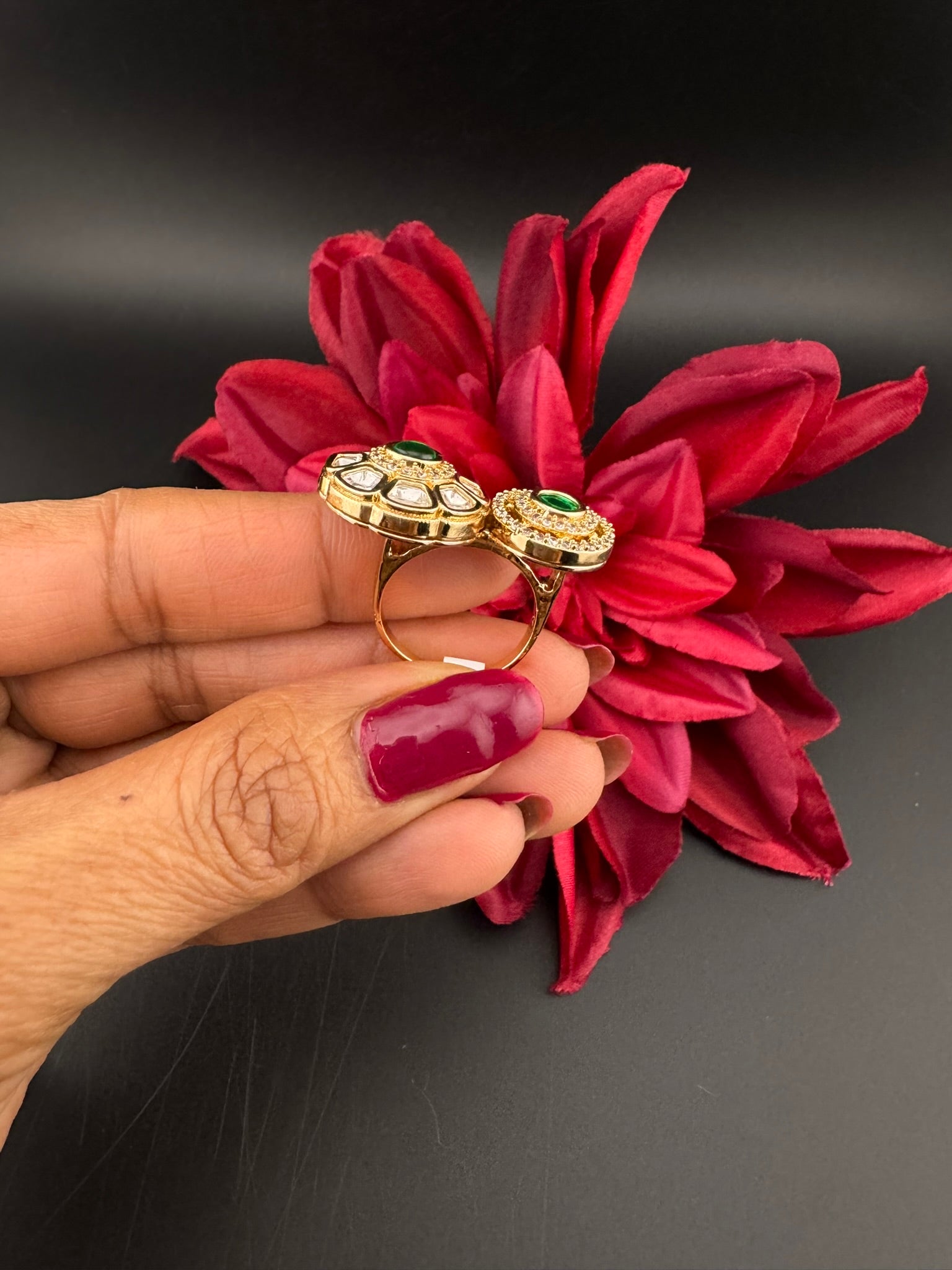 Premium 2 Finger Ring in Moissanite kundan and CZ Adjustable Finger Ring, One size fits all