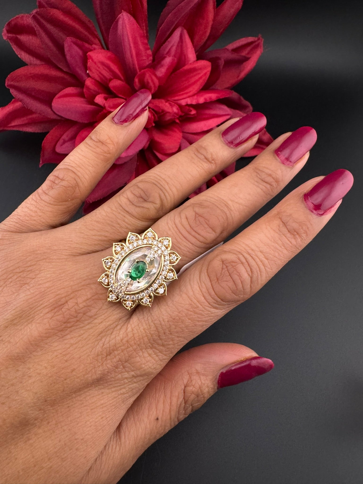 Premium Ring Uncut Moissanite Kundan and CZ is Tyaani inspired Adjustable Finger Ring