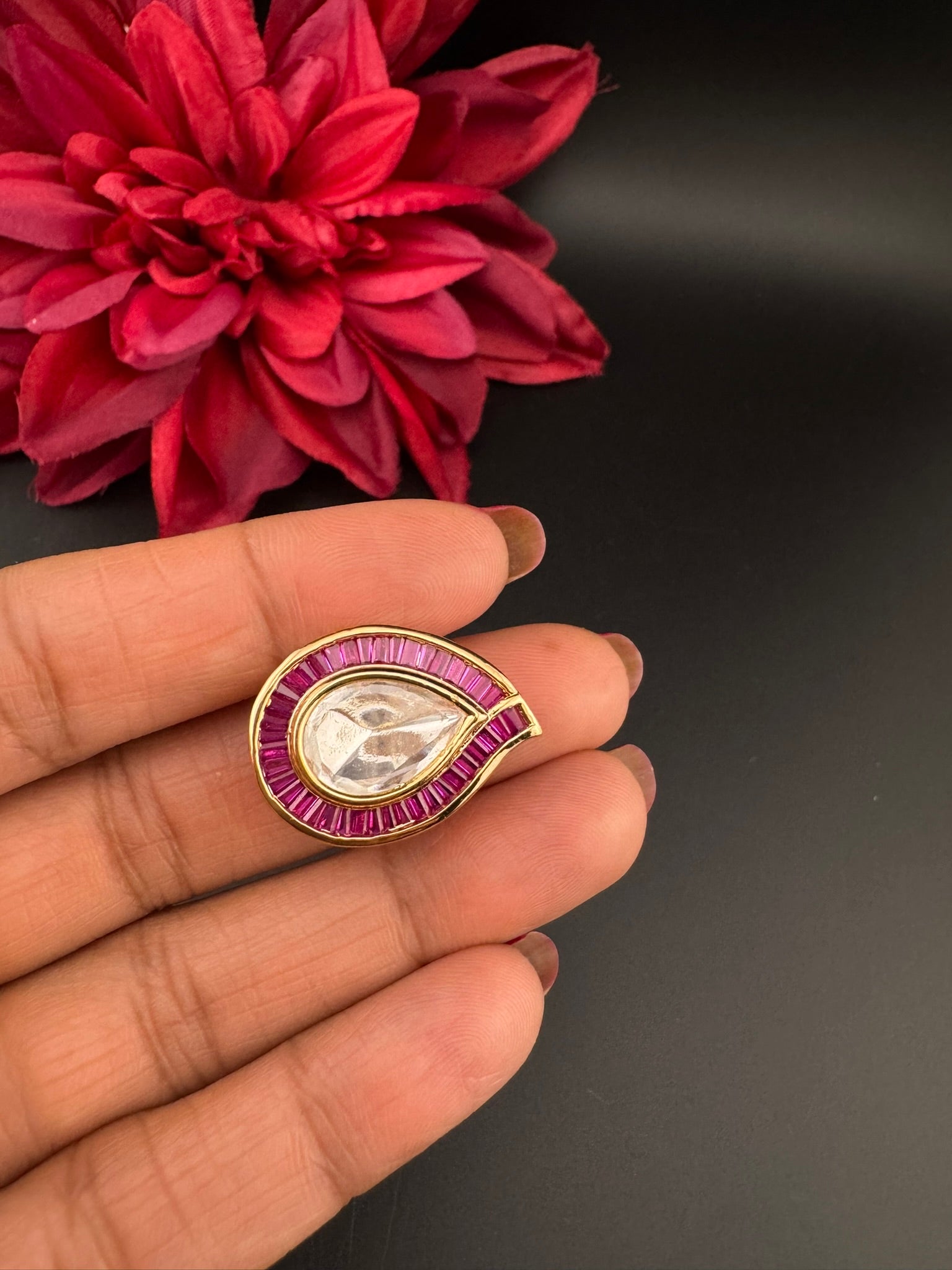 Premium Quality Ring Moissanite Kundan and CZ is Tyaani inspired Adjustable Finger Ring