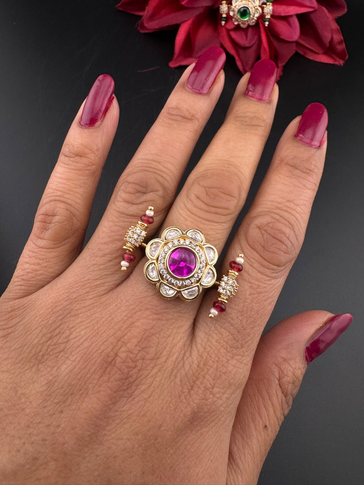 Premium 2 Finger Ring in Moissanite kundan and CZ Adjustable Finger Ring