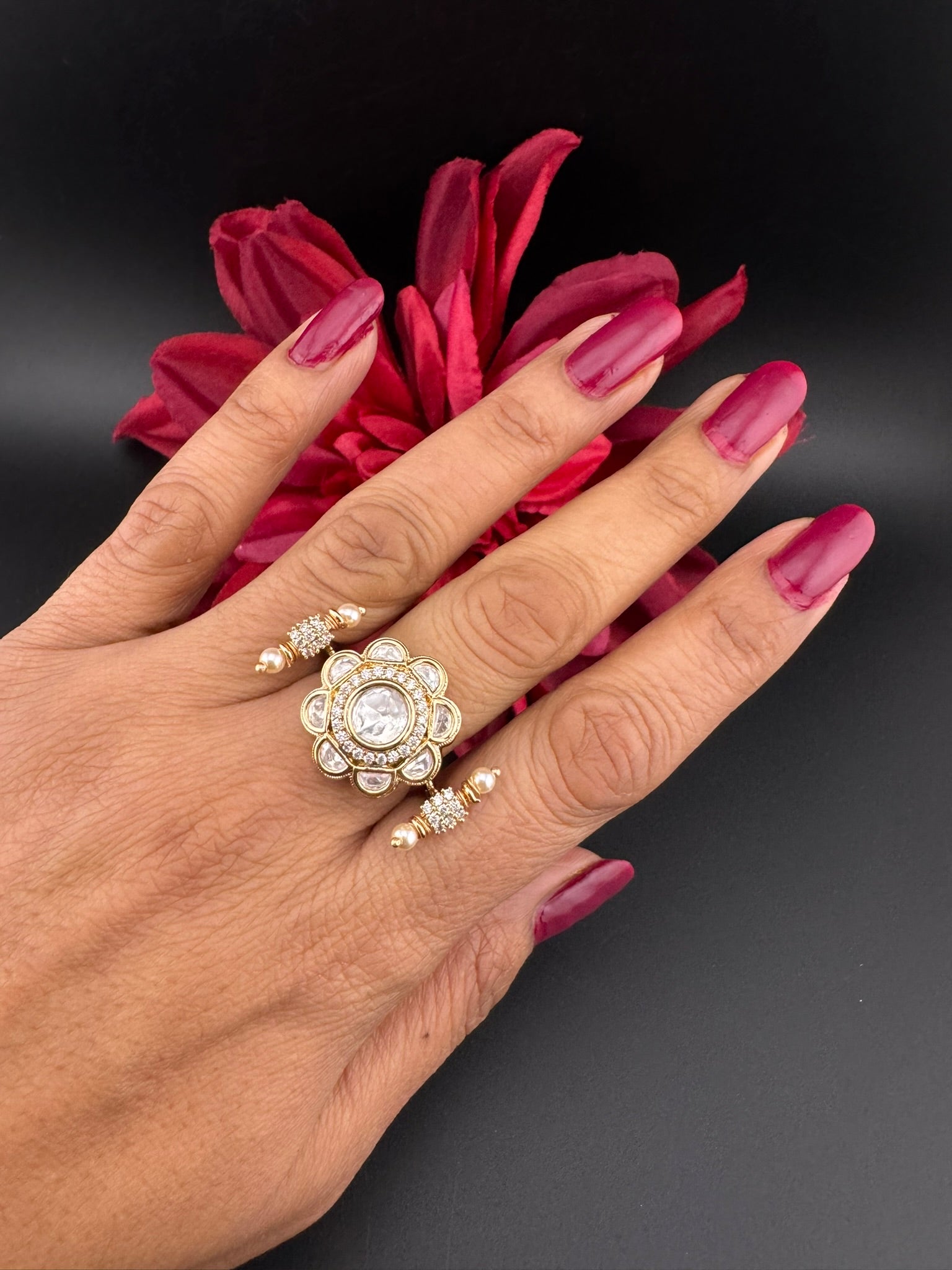 Premium 2 Finger Ring in Moissanite kundan and CZ Adjustable Finger Ring