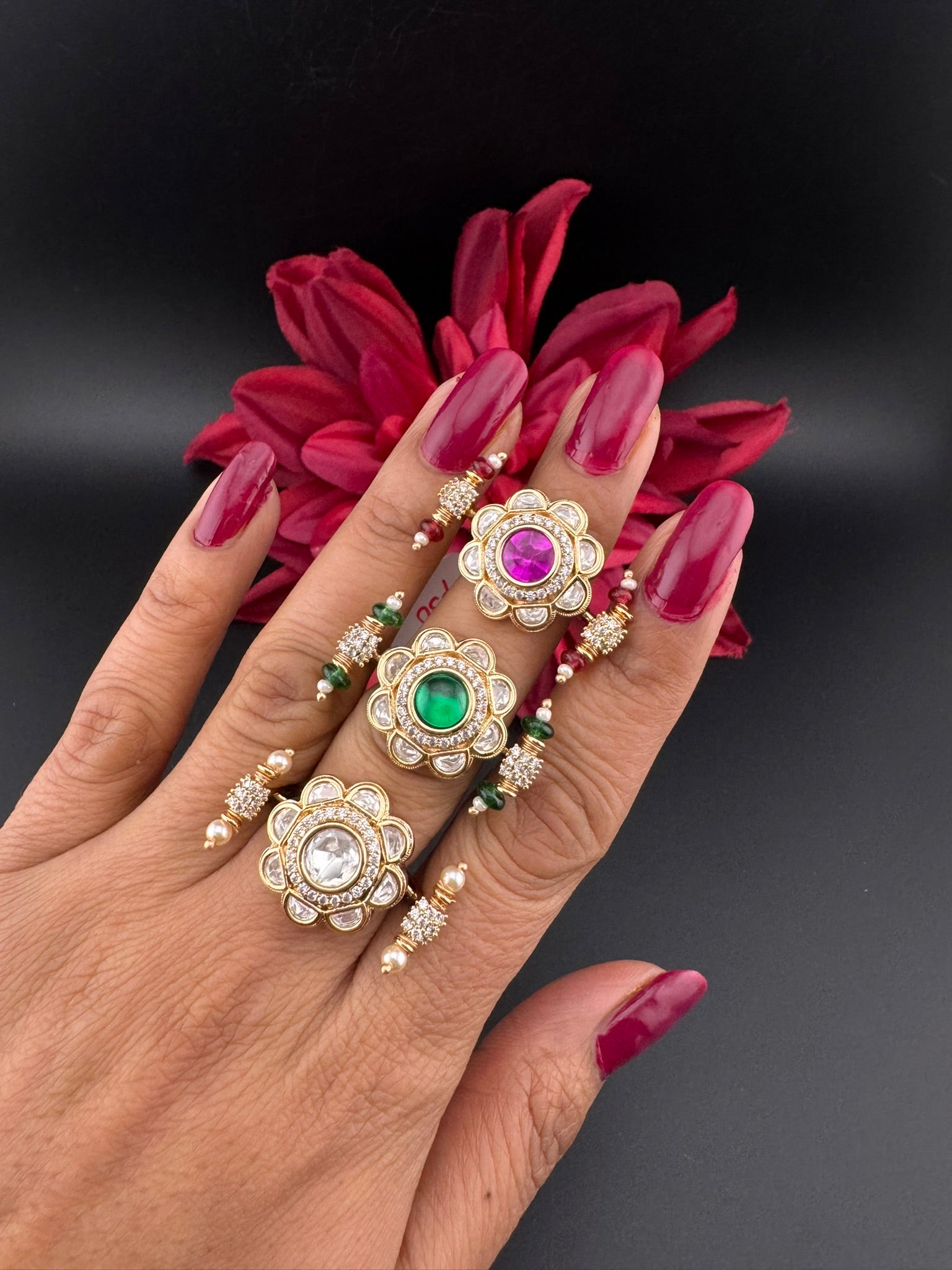 Premium 2 Finger Ring in Moissanite kundan and CZ Adjustable Finger Ring