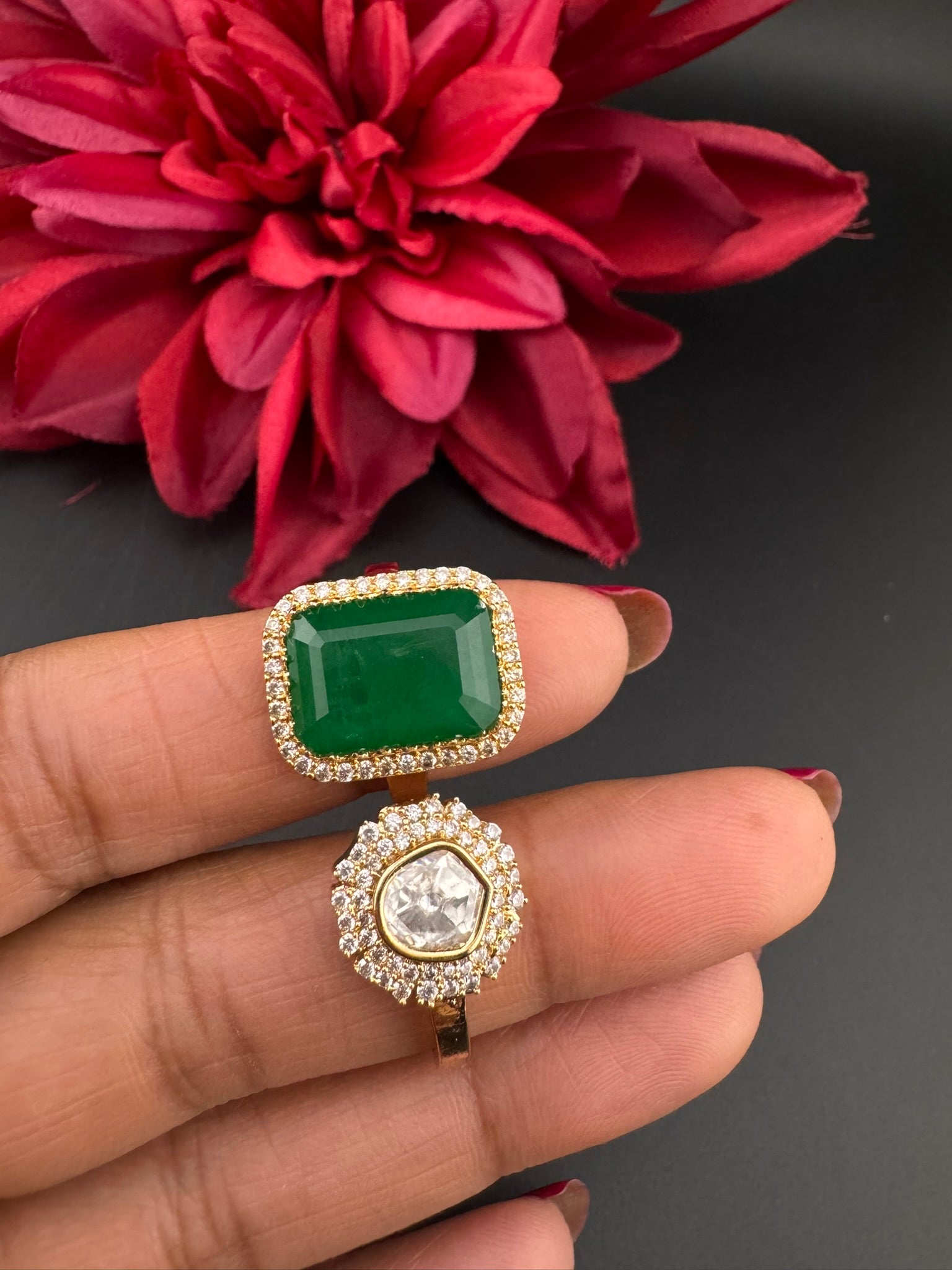 Premium 2 Finger Ring in Moissanite kundan, doublet Stone and CZ Adjustable Finger Ring