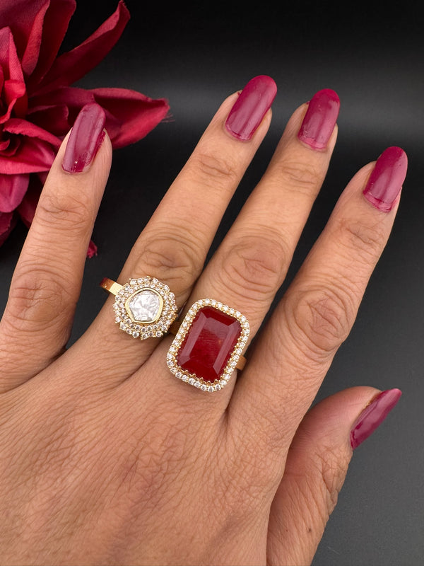 Premium 2 Finger Ring in Moissanite kundan, doublet Stone and CZ Adjustable Finger Ring