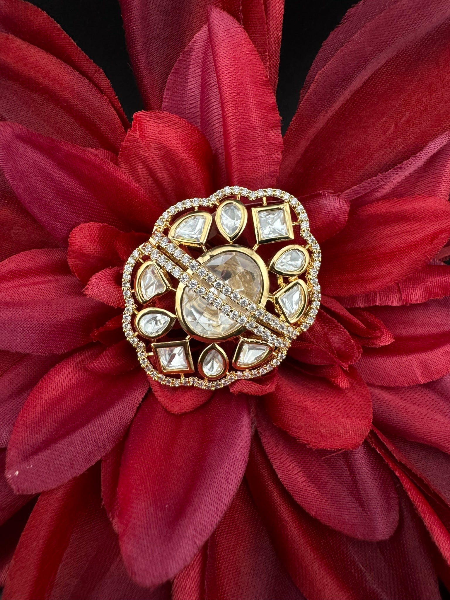 Premium Quality Big Ring Moissanite Kundan is Tyaani inspired Adjustable Finger Ring