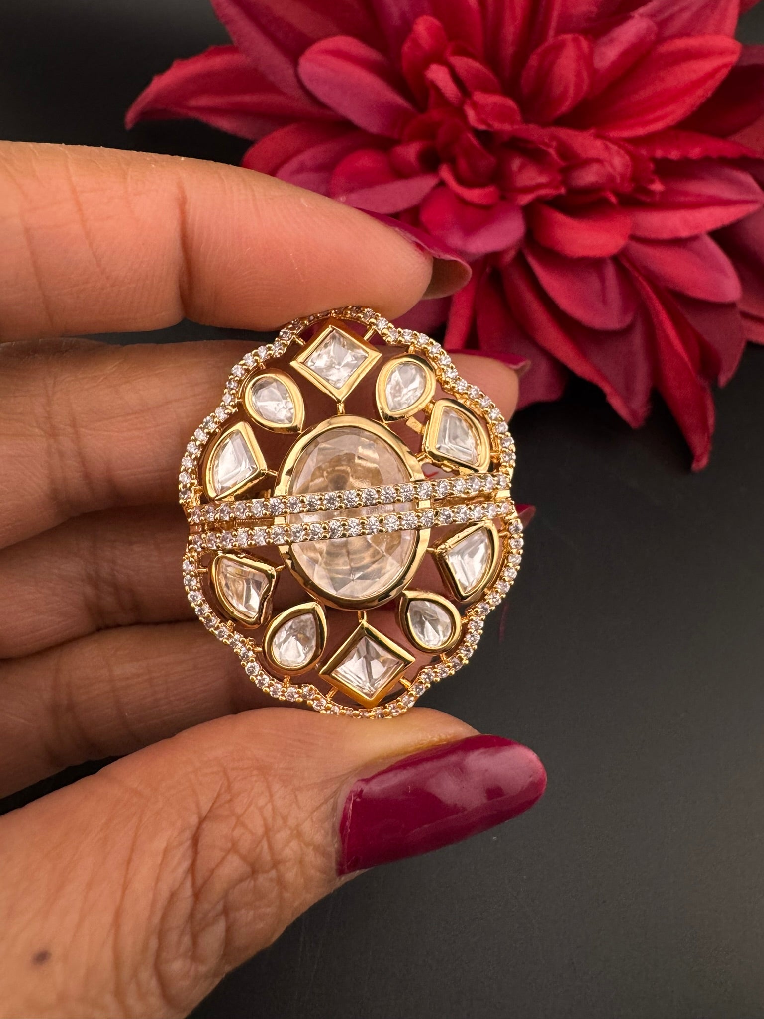 Premium Quality Big Ring Moissanite Kundan is Tyaani inspired Adjustable Finger Ring