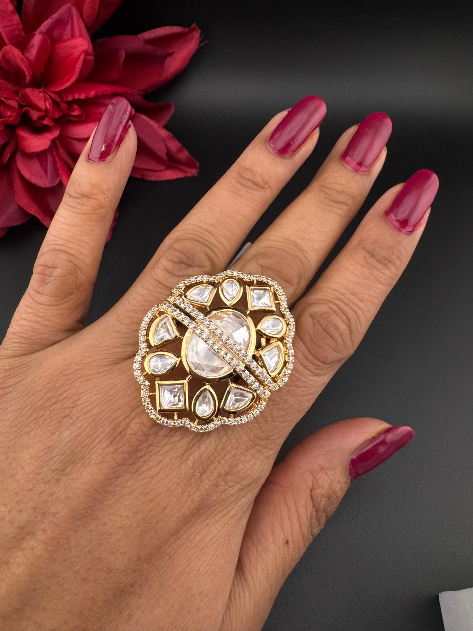 Premium Quality Big Ring Moissanite Kundan is Tyaani inspired Adjustable Finger Ring