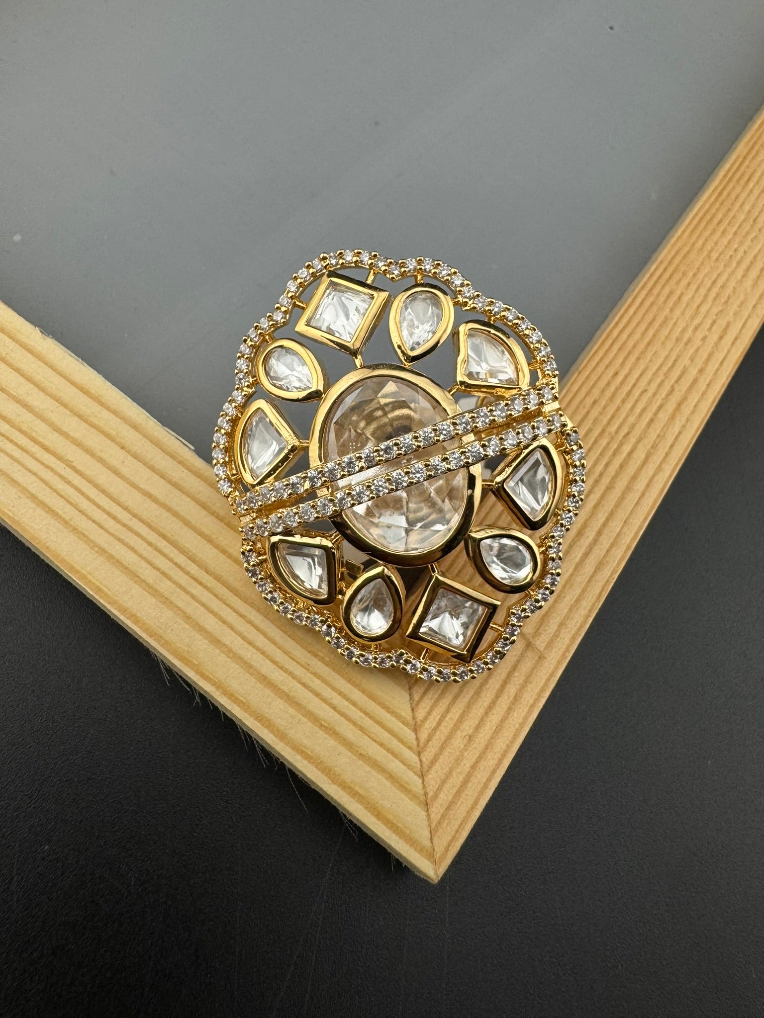 Premium Quality Big Ring Moissanite Kundan is Tyaani inspired Adjustable Finger Ring