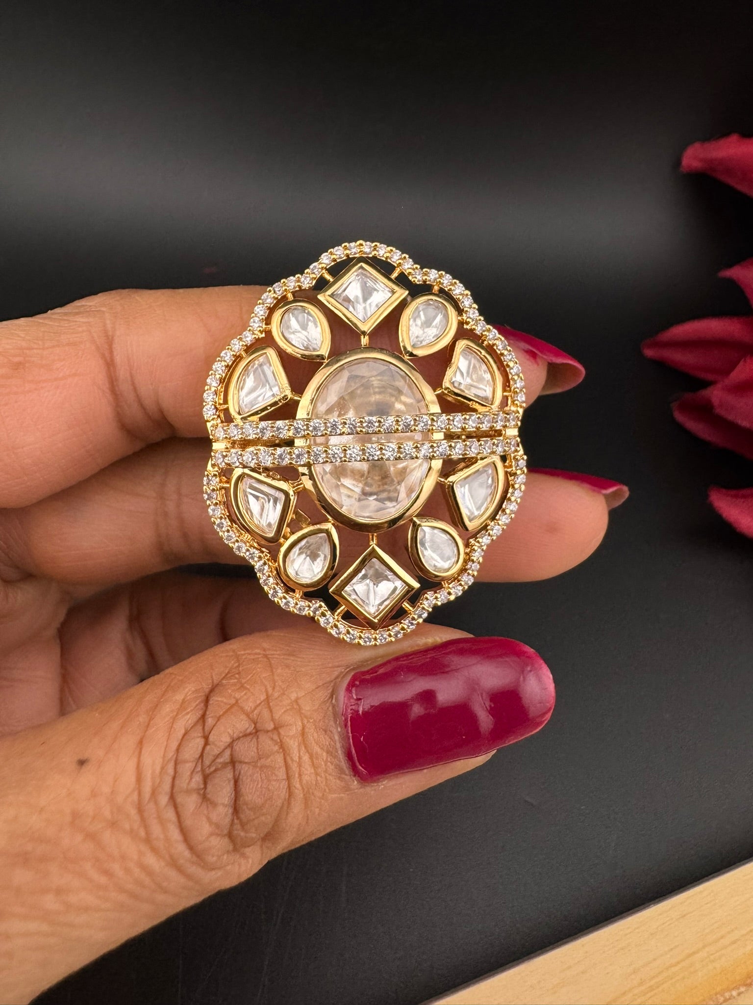 Premium Quality Big Ring Moissanite Kundan is Tyaani inspired Adjustable Finger Ring