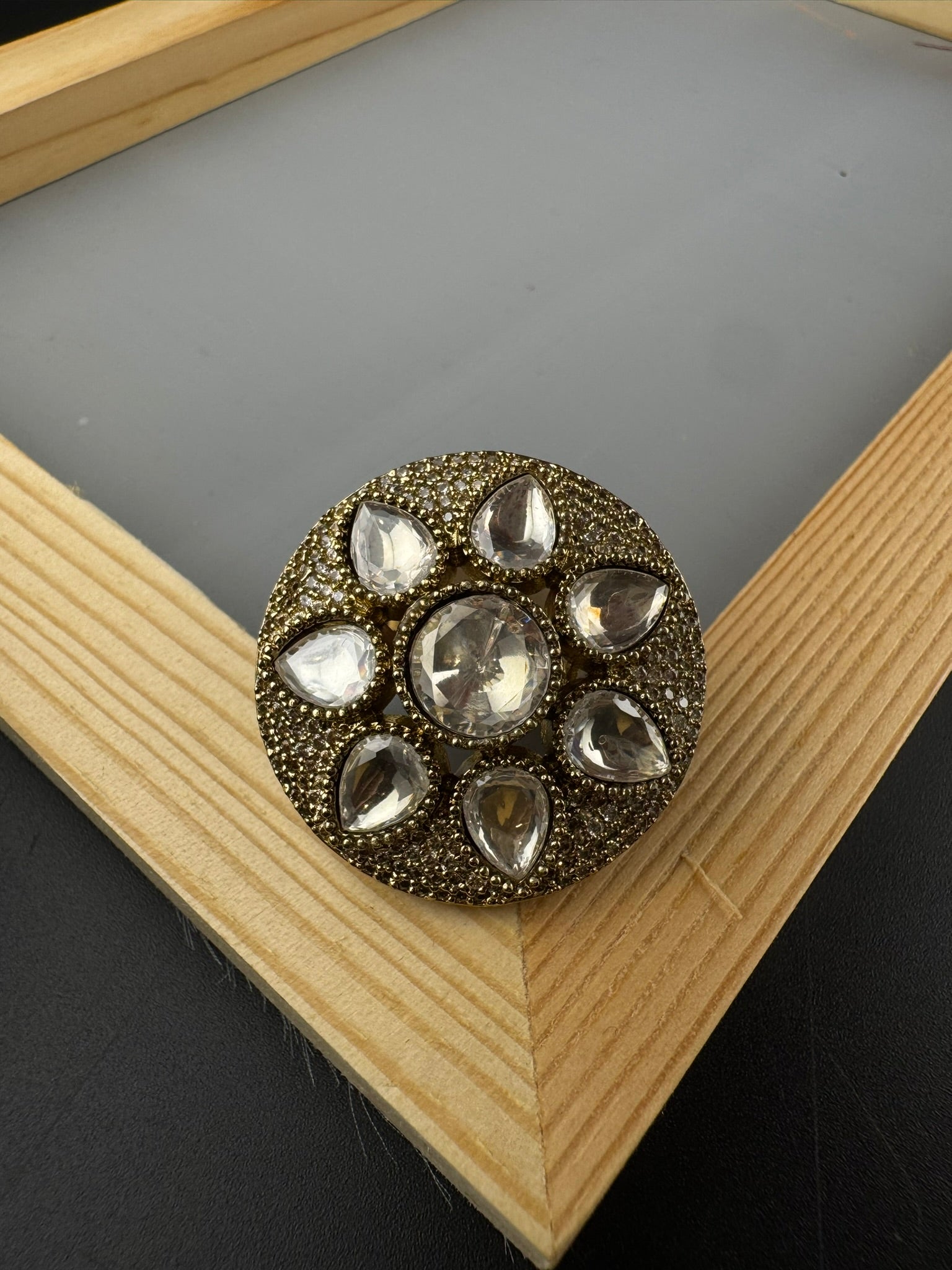 Premium Quality Big Ring Moissanite Kundan is Tyaani inspired Adjustable Finger Ring