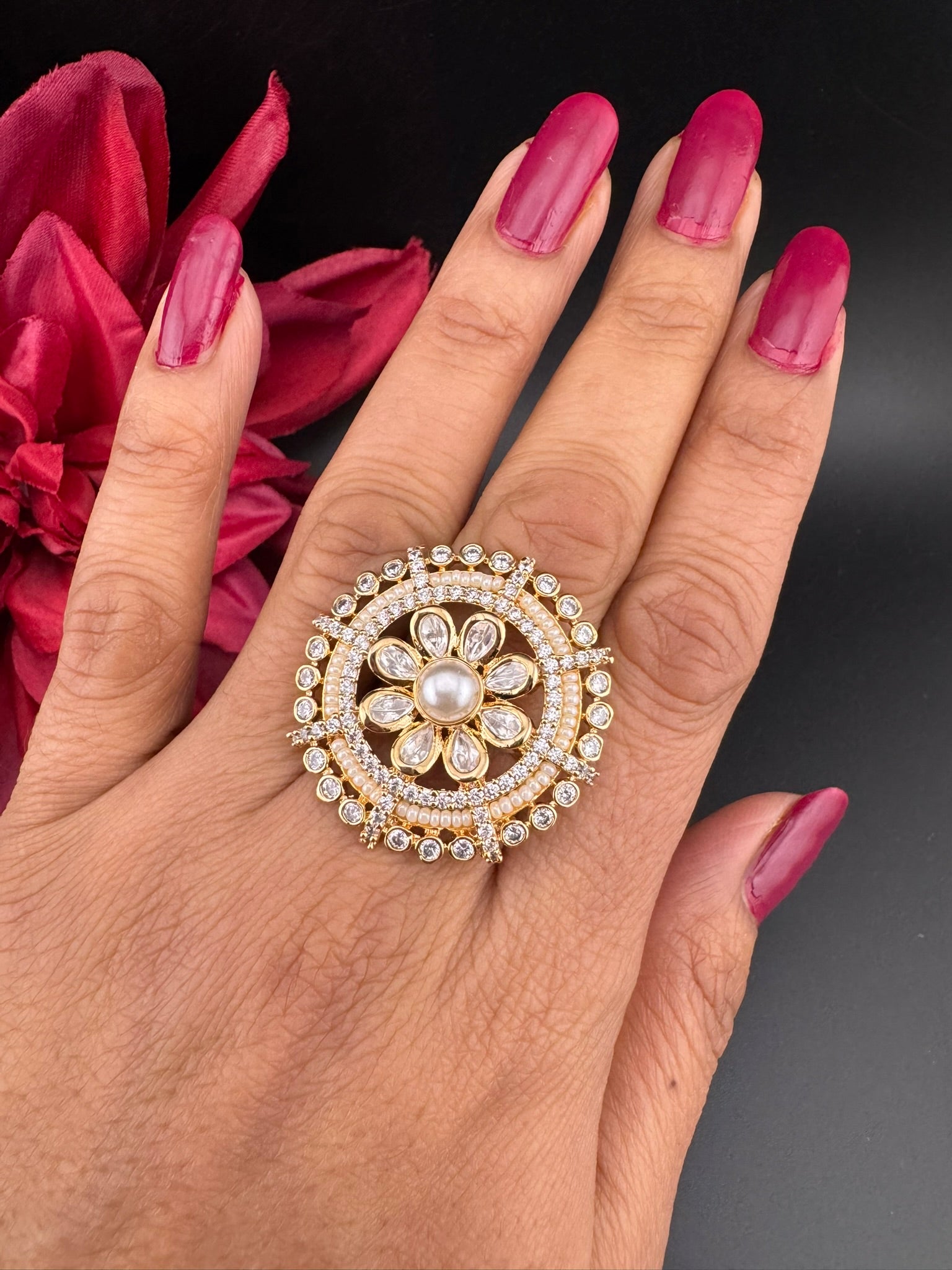 Premium Quality Ring Moissanite Kundan, CZ, Pearls is Tyaani inspired Adjustable Finger Ring