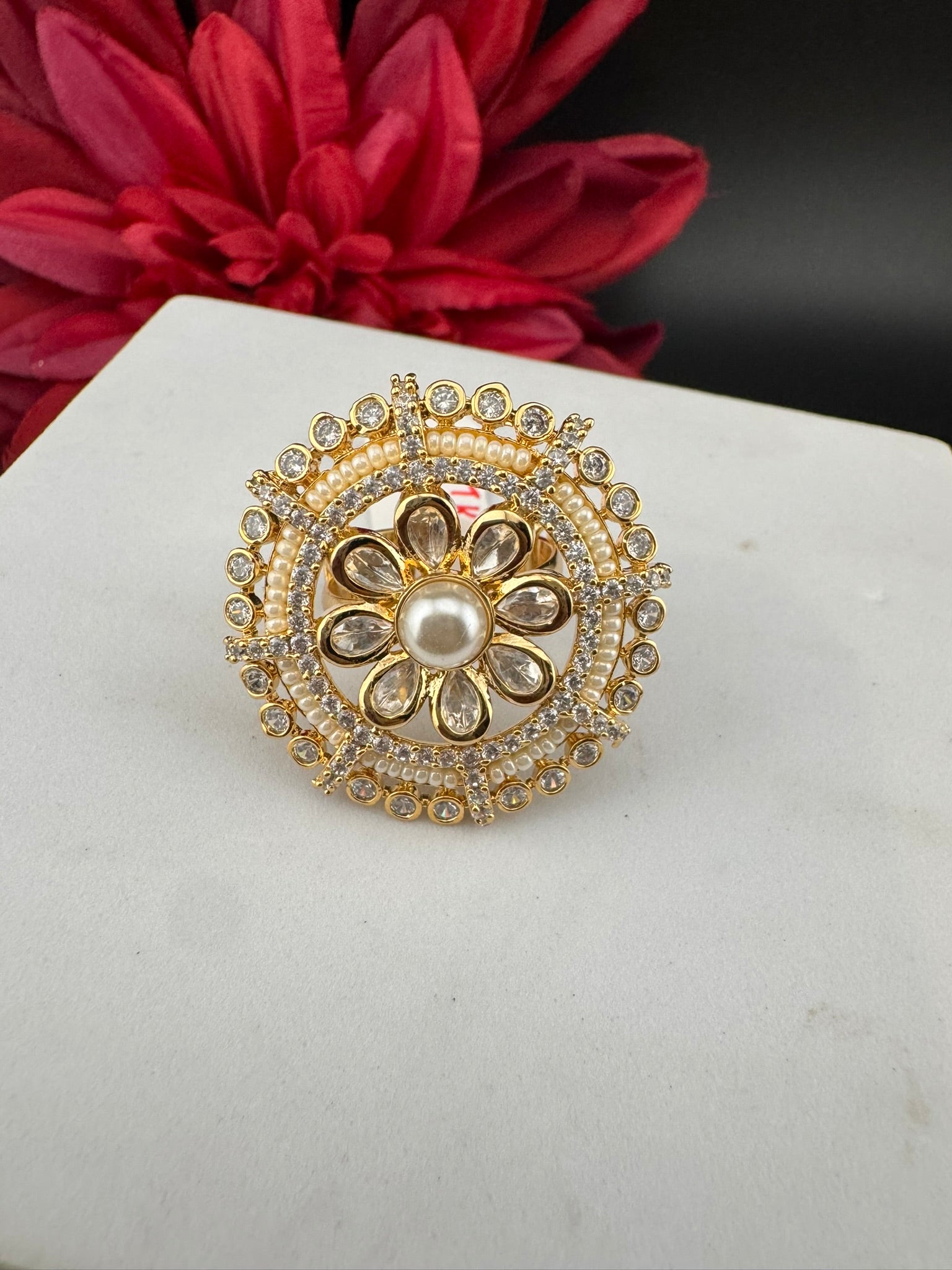 Premium Quality Ring Moissanite Kundan, CZ, Pearls is Tyaani inspired Adjustable Finger Ring