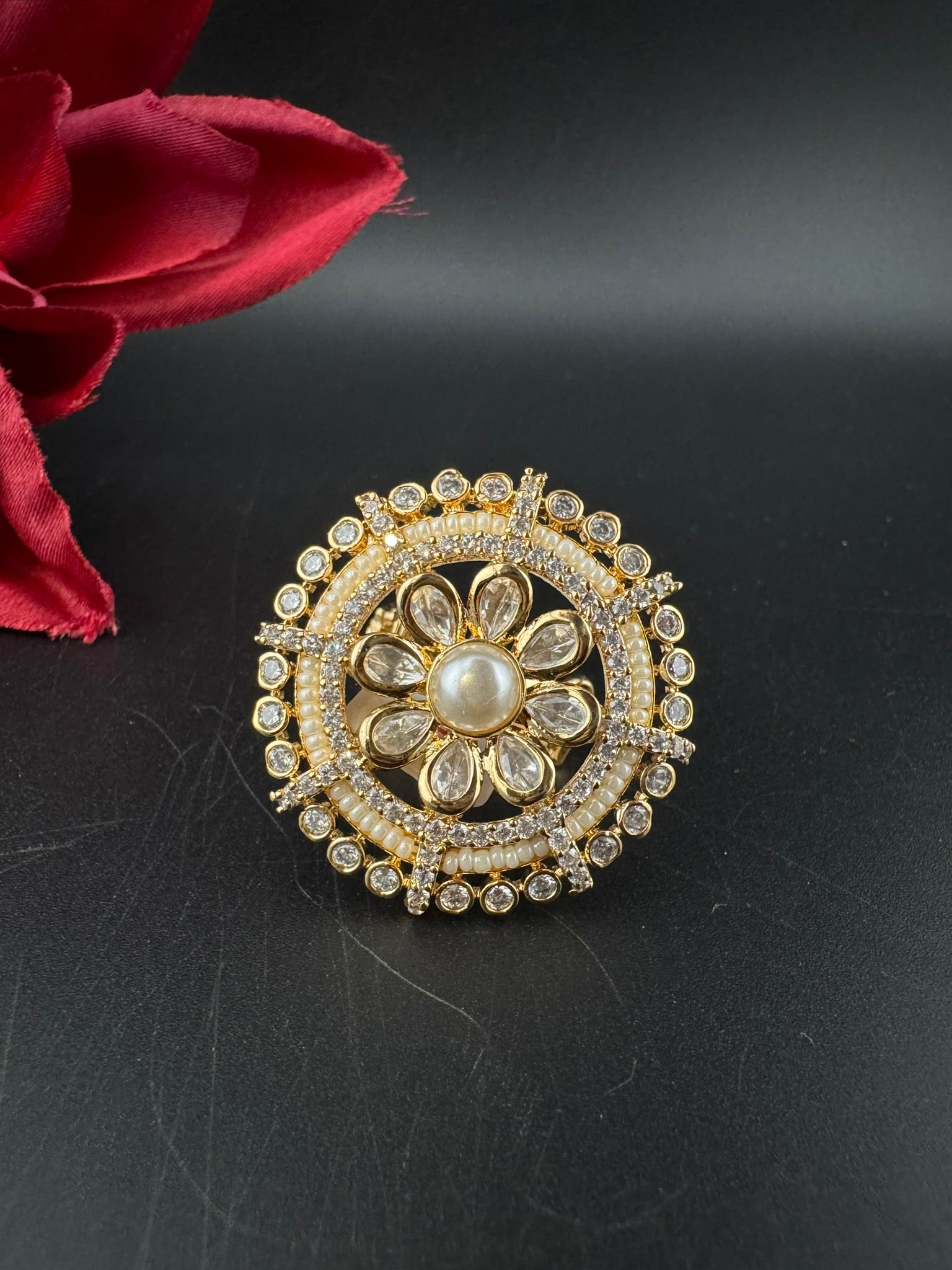 Premium Quality Ring Moissanite Kundan, CZ, Pearls is Tyaani inspired Adjustable Finger Ring