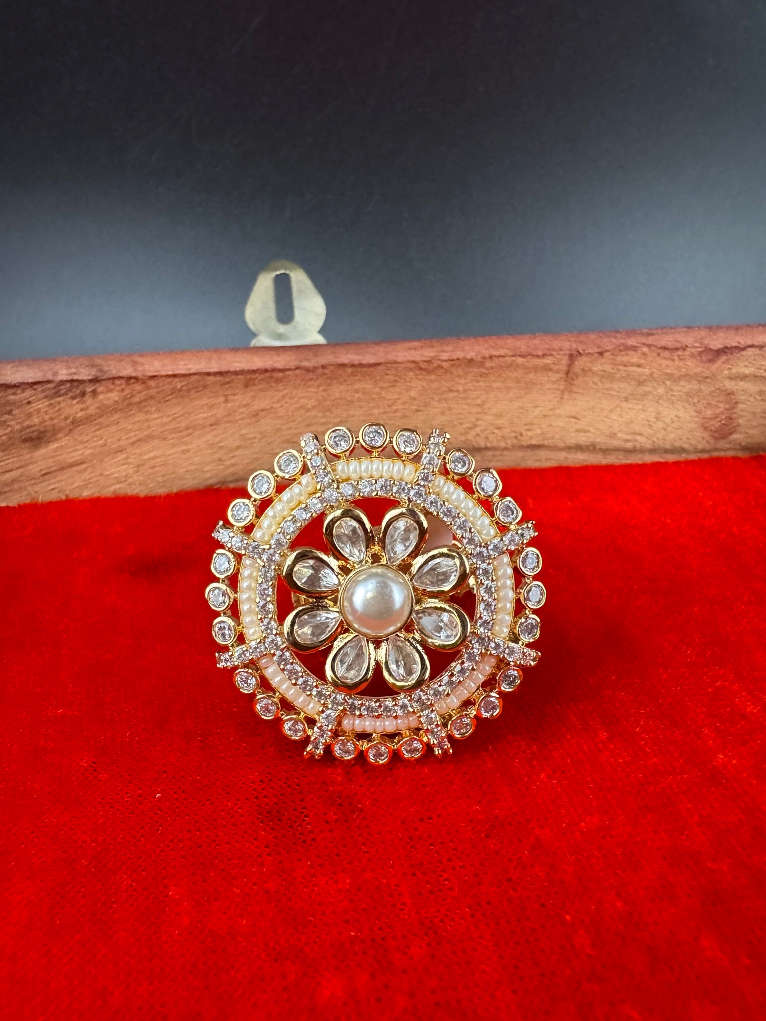 Premium Quality Ring Moissanite Kundan, CZ, Pearls is Tyaani inspired Adjustable Finger Ring