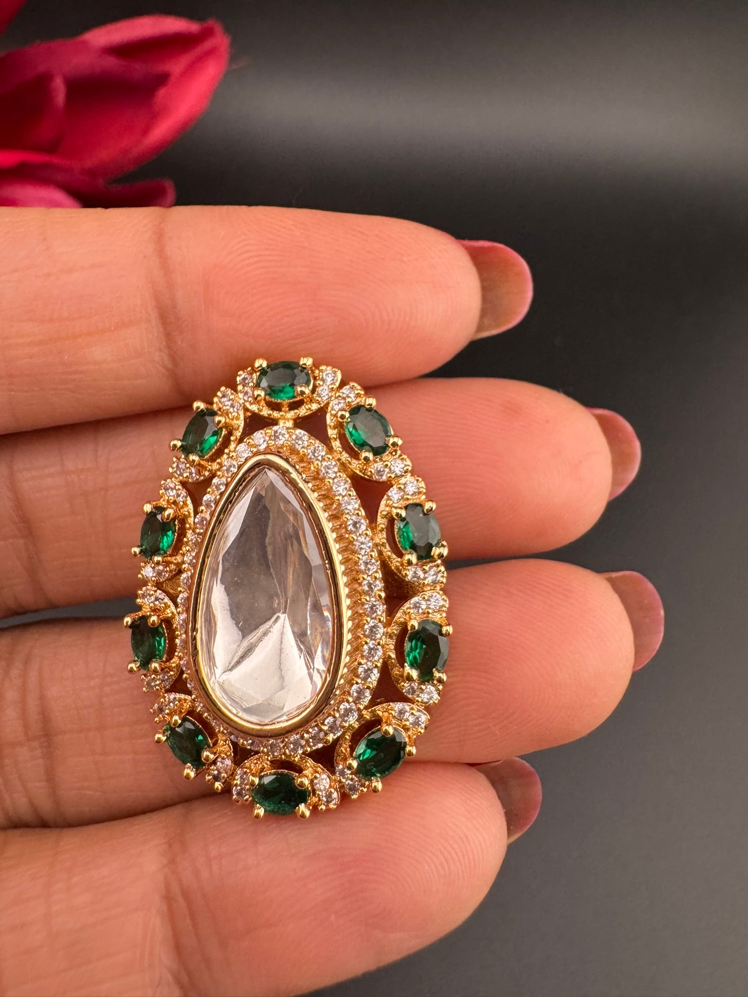Premium Quality Big Ring Moissanite Kundan is Tyaani inspired Adjustable Finger Ring