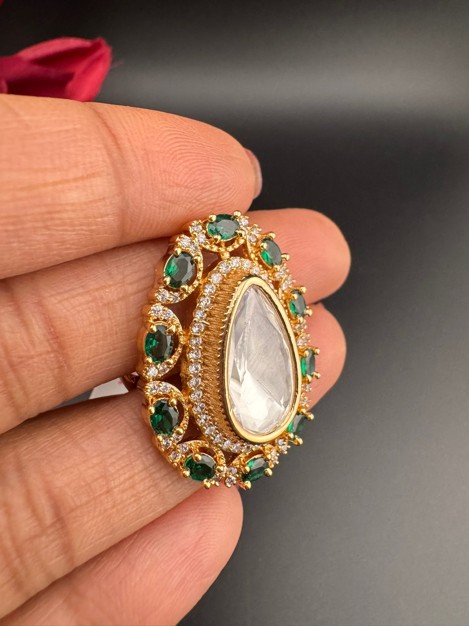 Premium Quality Big Ring Moissanite Kundan is Tyaani inspired Adjustable Finger Ring