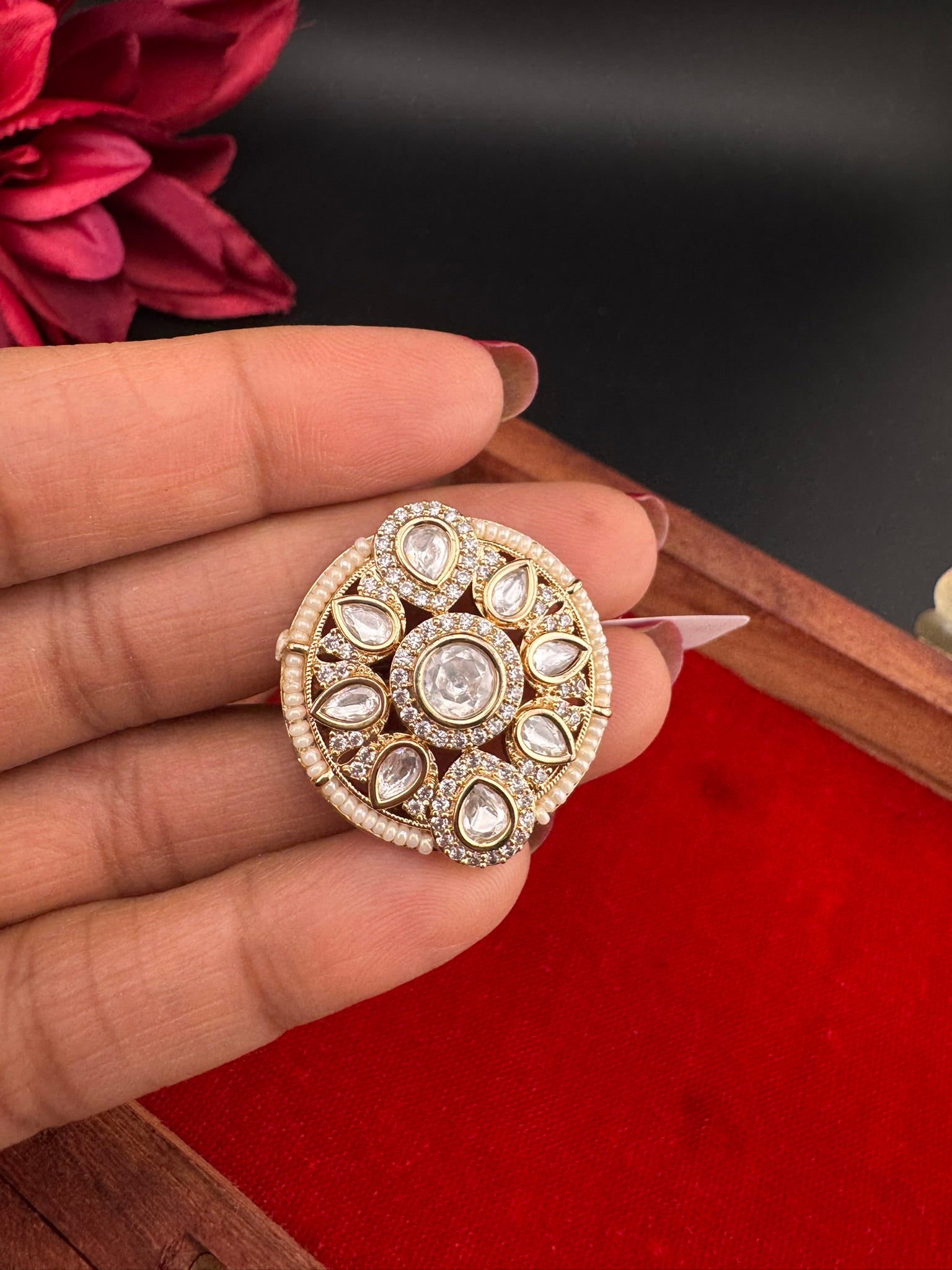 Premium Quality Ring Moissanite Kundan, CZ, Pearls is Tyaani inspired Adjustable Finger Ring