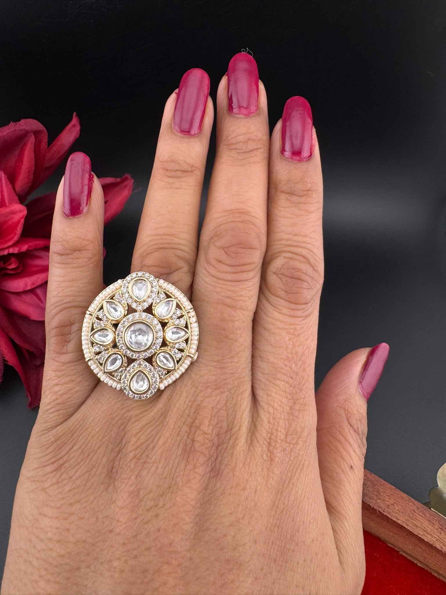Premium Quality Ring Moissanite Kundan, CZ, Pearls is Tyaani inspired Adjustable Finger Ring