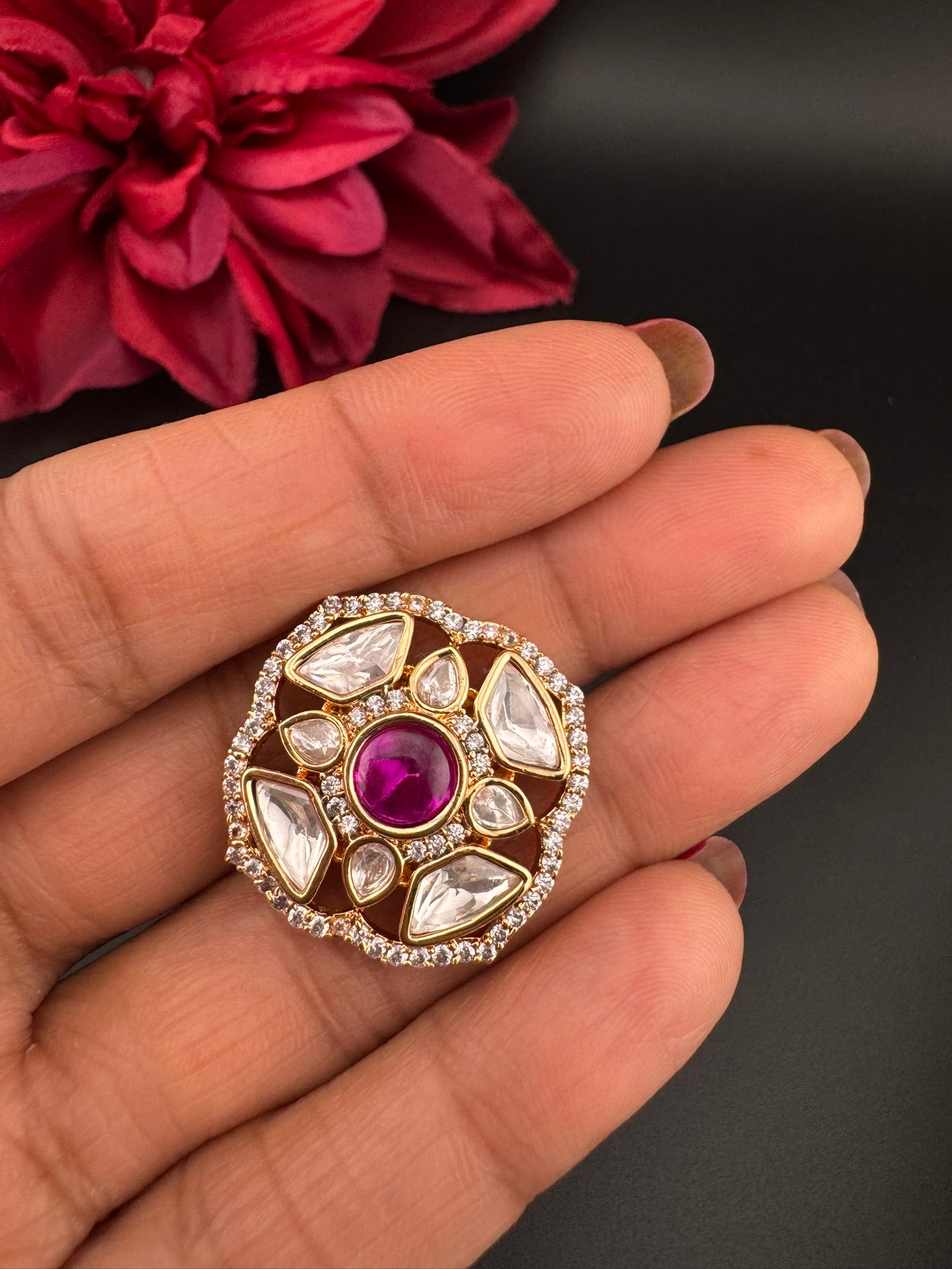 Premium Quality Ring Moissanite Kundan, CZ is Tyaani inspired Adjustable Finger Ring