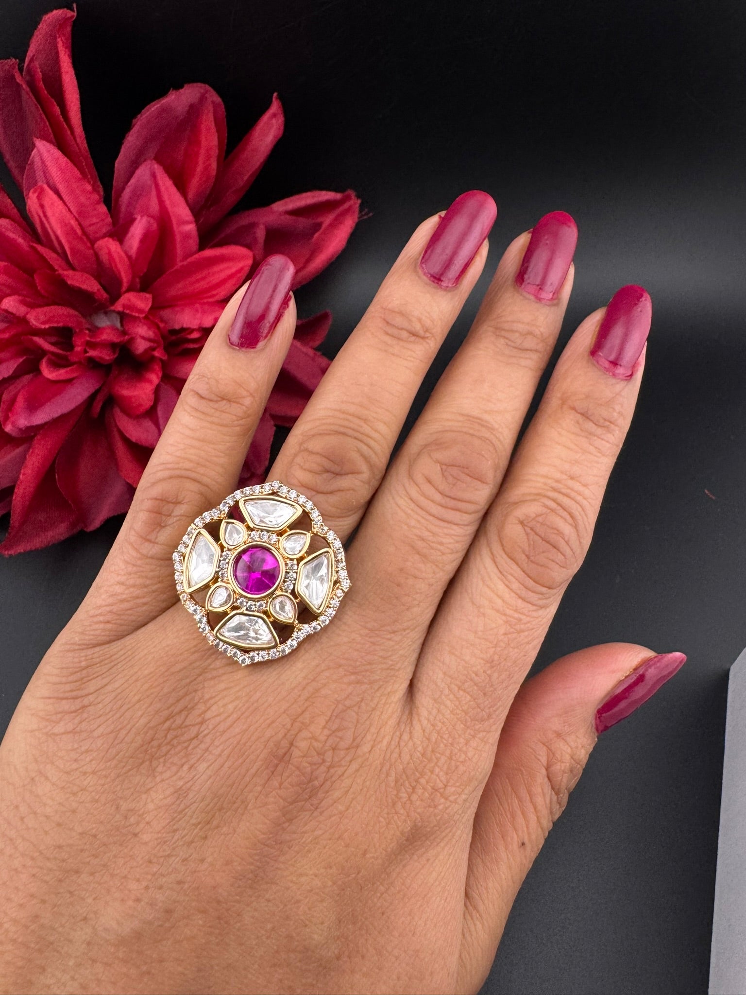 Premium Quality Ring Moissanite Kundan, CZ is Tyaani inspired Adjustable Finger Ring