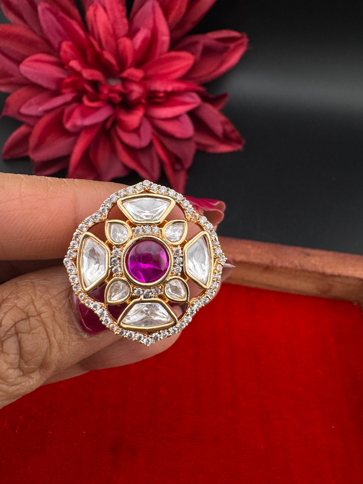 Premium Quality Ring Moissanite Kundan, CZ is Tyaani inspired Adjustable Finger Ring