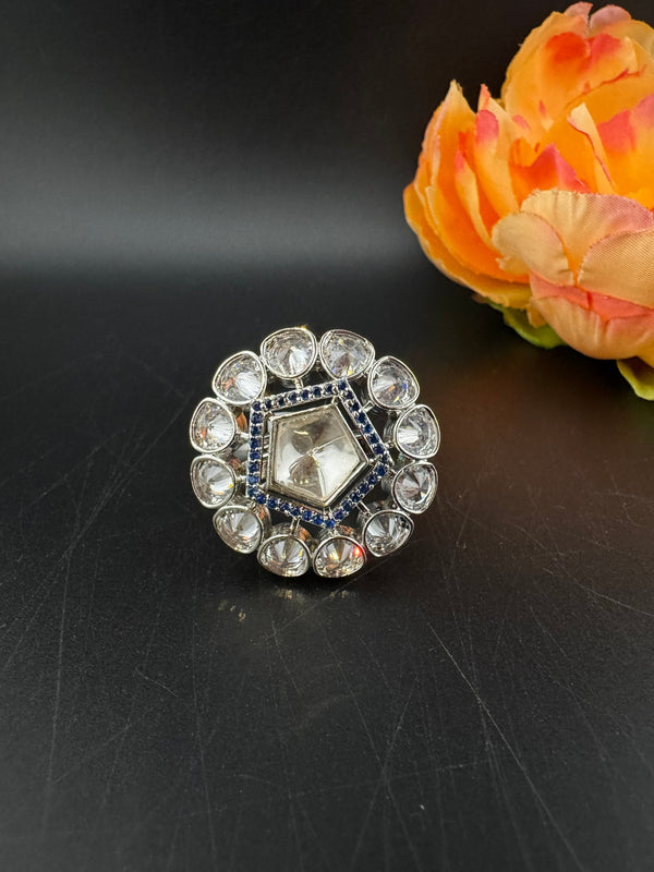 Premium Silver color, Kundan and Cubic Zirconia(AD) Adjustable Ring Adjustable Finger Ring