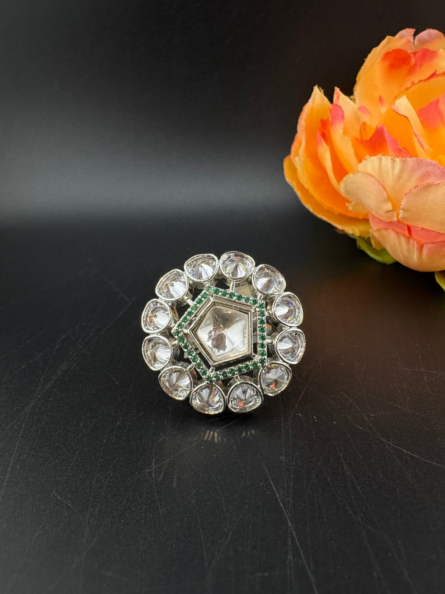 Premium Silver color, Kundan and Cubic Zirconia(AD) Adjustable Ring Adjustable Finger Ring