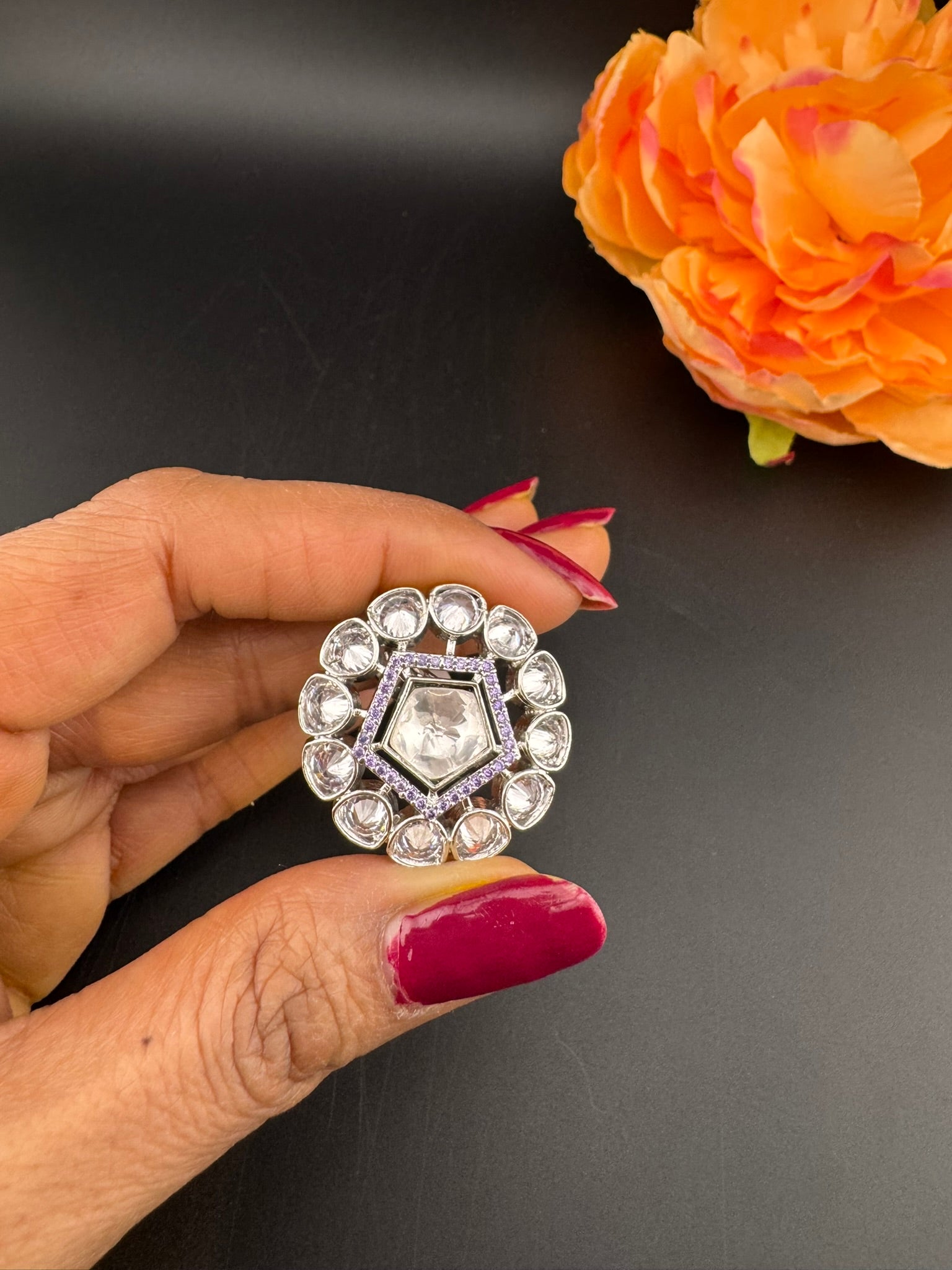 Premium Silver color, Kundan and Cubic Zirconia(AD) Adjustable Ring Adjustable Finger Ring