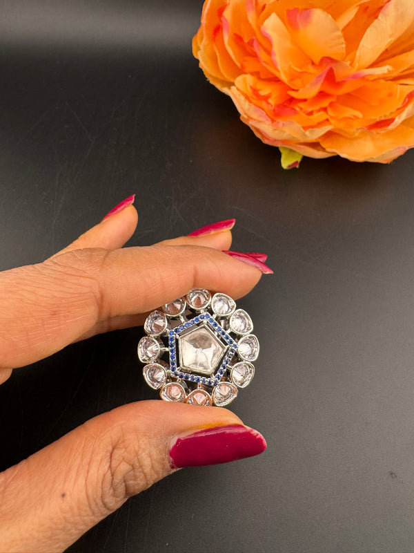 Premium Silver color, Kundan and Cubic Zirconia(AD) Adjustable Ring Adjustable Finger Ring