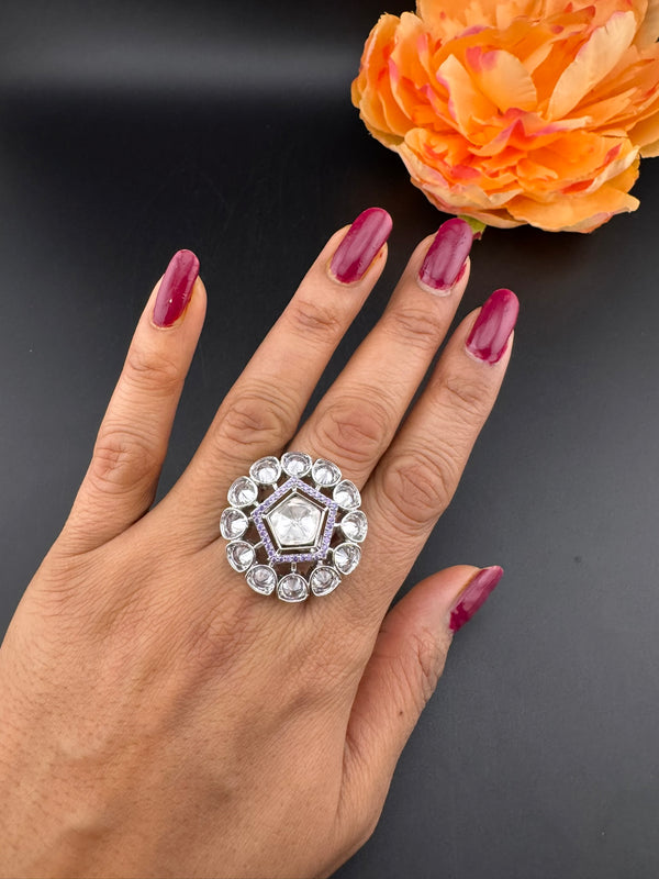 Premium Silver color, Kundan and Cubic Zirconia(AD) Adjustable Ring Adjustable Finger Ring