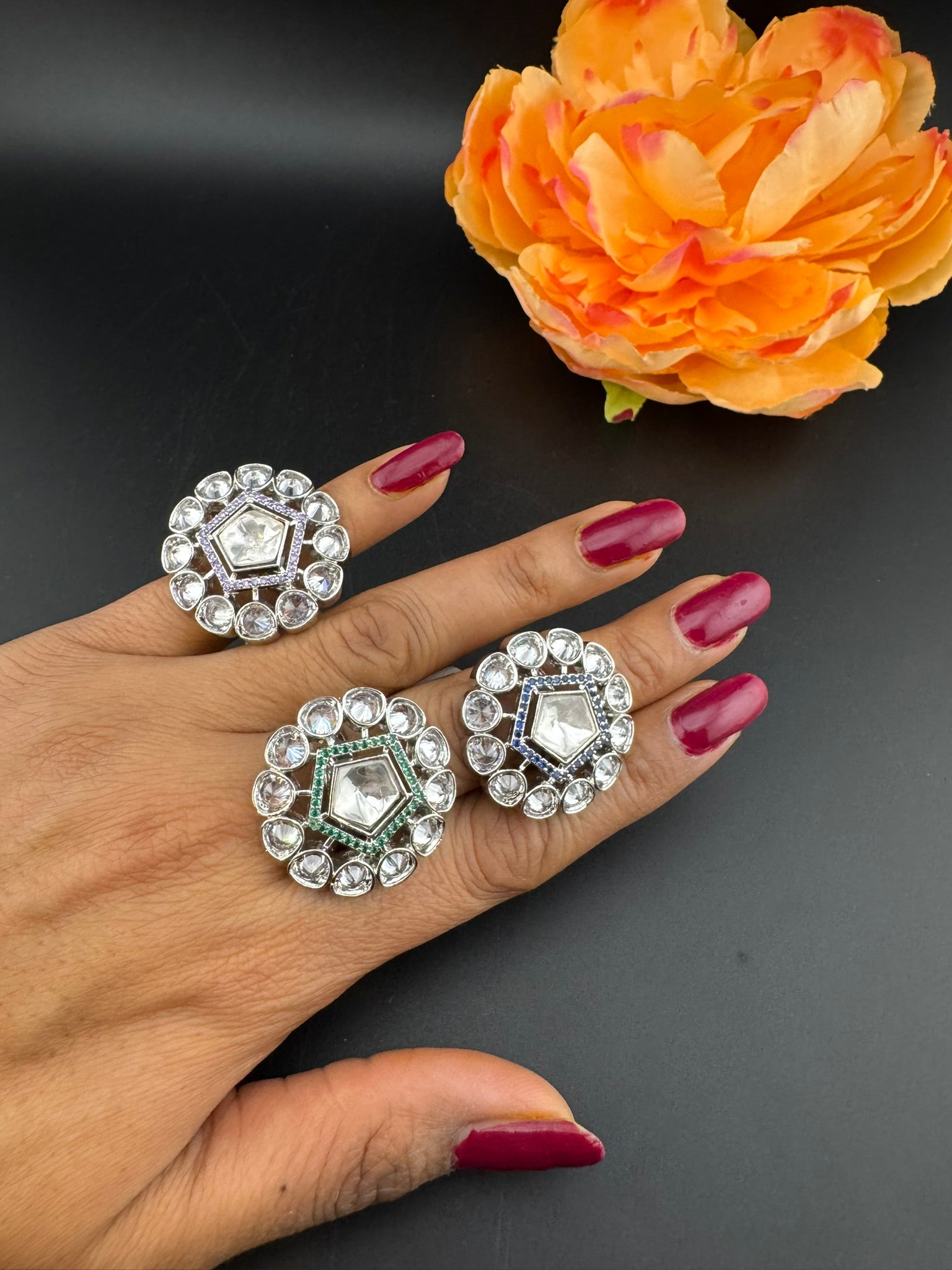 Premium Silver color, Kundan and Cubic Zirconia(AD) Adjustable Ring Adjustable Finger Ring