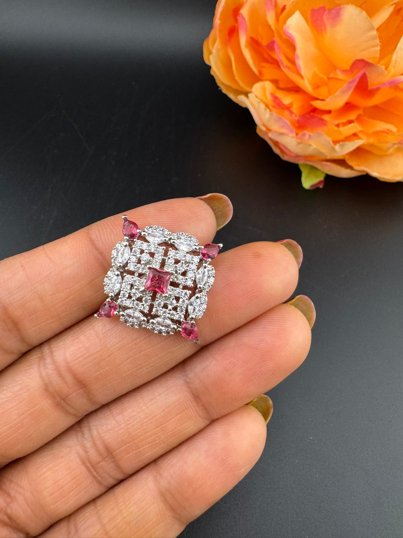 Square Premium Silver and Cubic Zirconia(AD) Adjustable Ring Adjustable Finger Ring