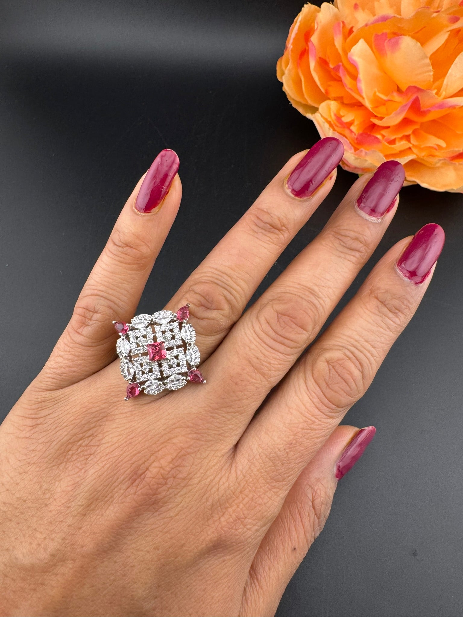 Square Premium Silver and Cubic Zirconia(AD) Adjustable Ring Adjustable Finger Ring