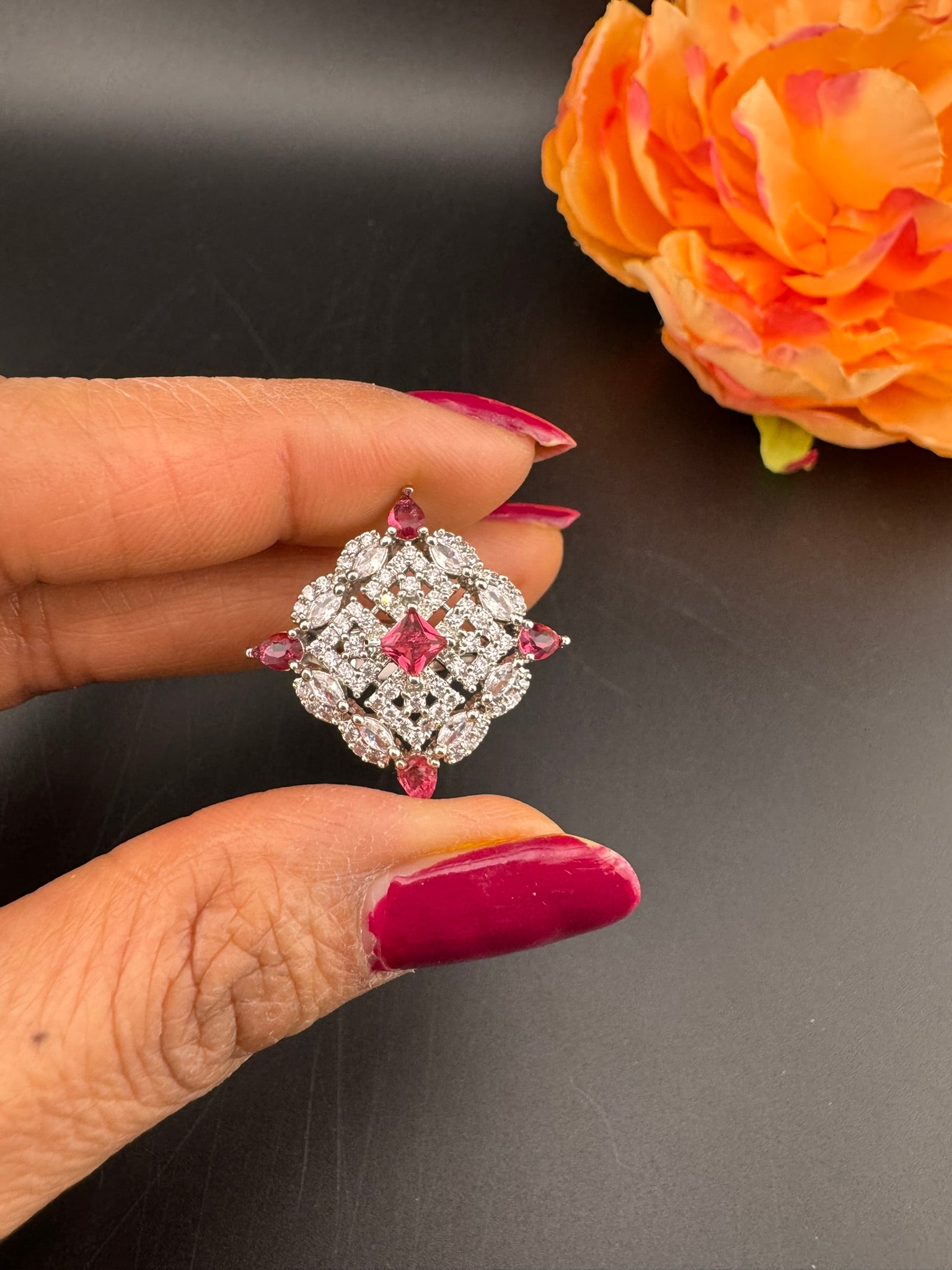 Square Premium Silver and Cubic Zirconia(AD) Adjustable Ring Adjustable Finger Ring