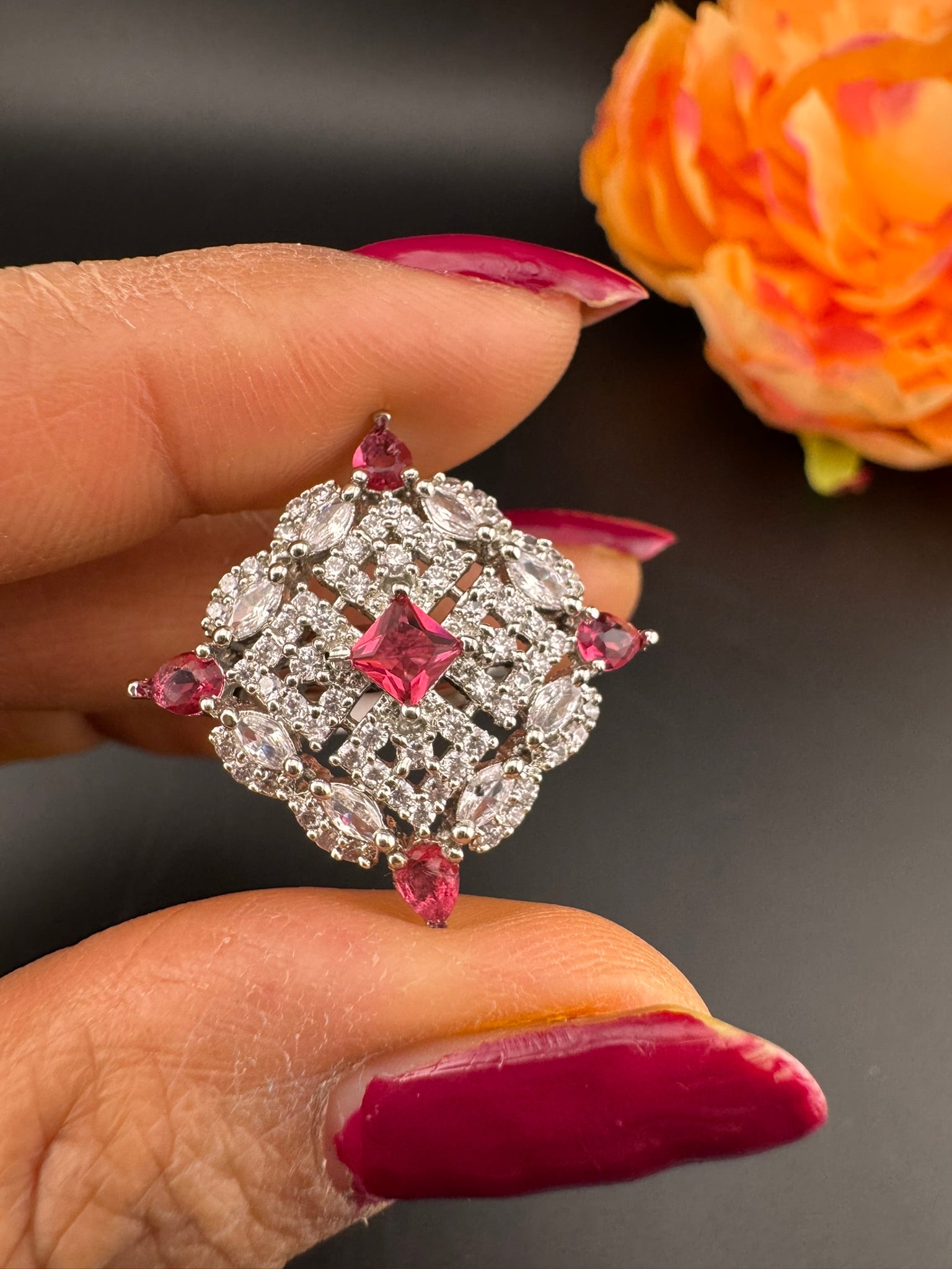 Square Premium Silver and Cubic Zirconia(AD) Adjustable Ring Adjustable Finger Ring