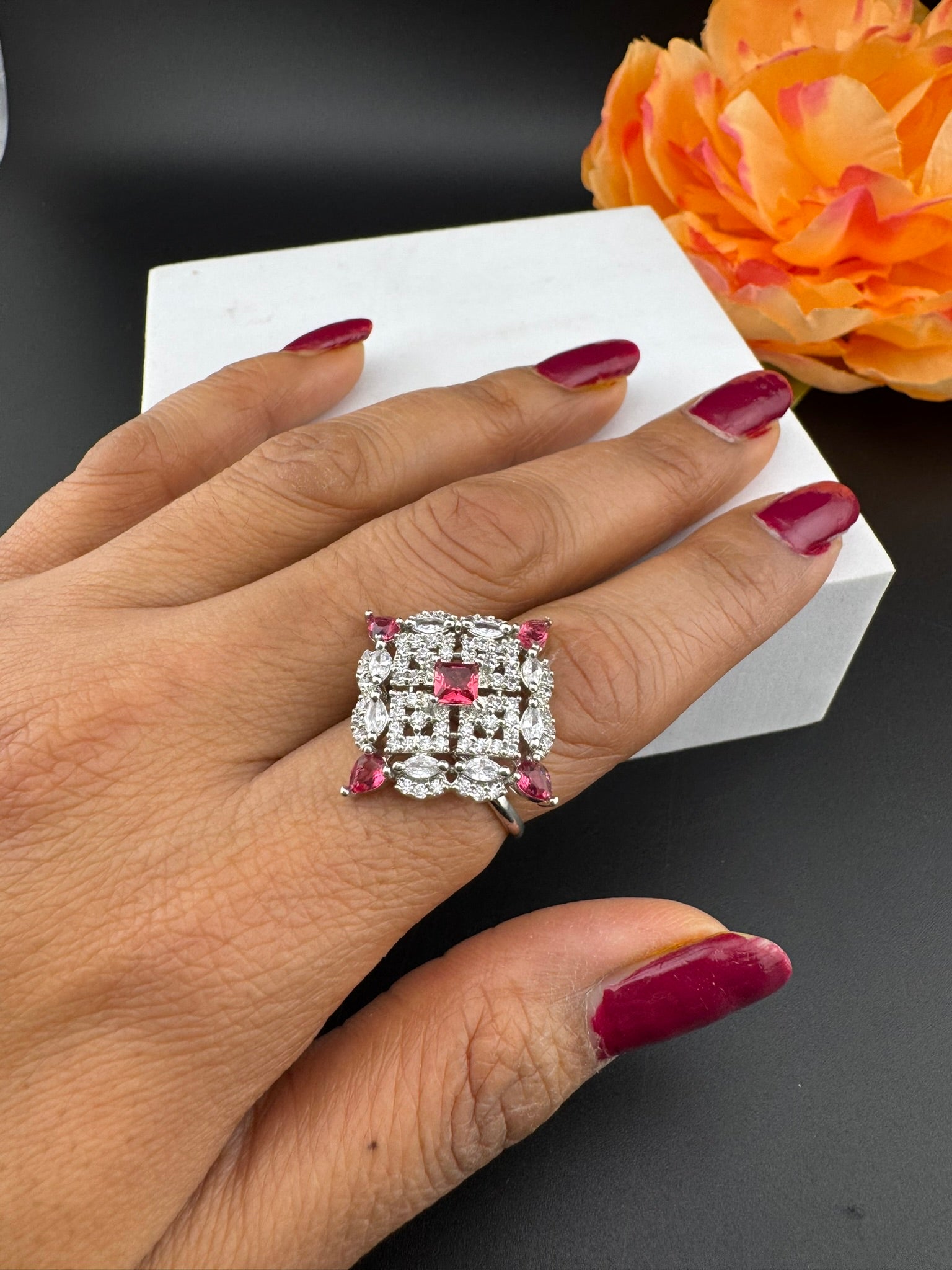 Square Premium Silver and Cubic Zirconia(AD) Adjustable Ring Adjustable Finger Ring