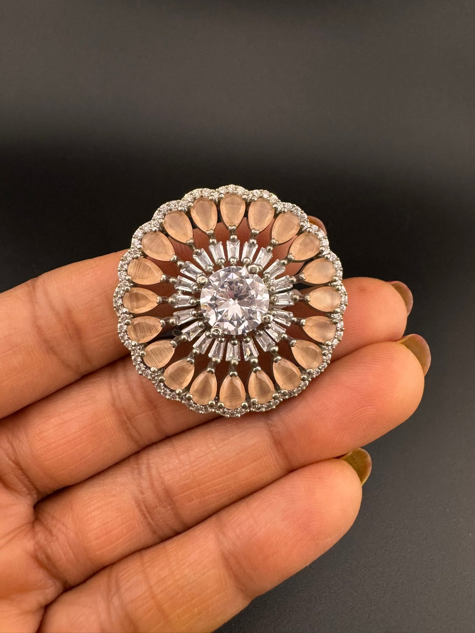 Premium Silver color Adjustable Big Ring in Stones and Cubic Zirconia