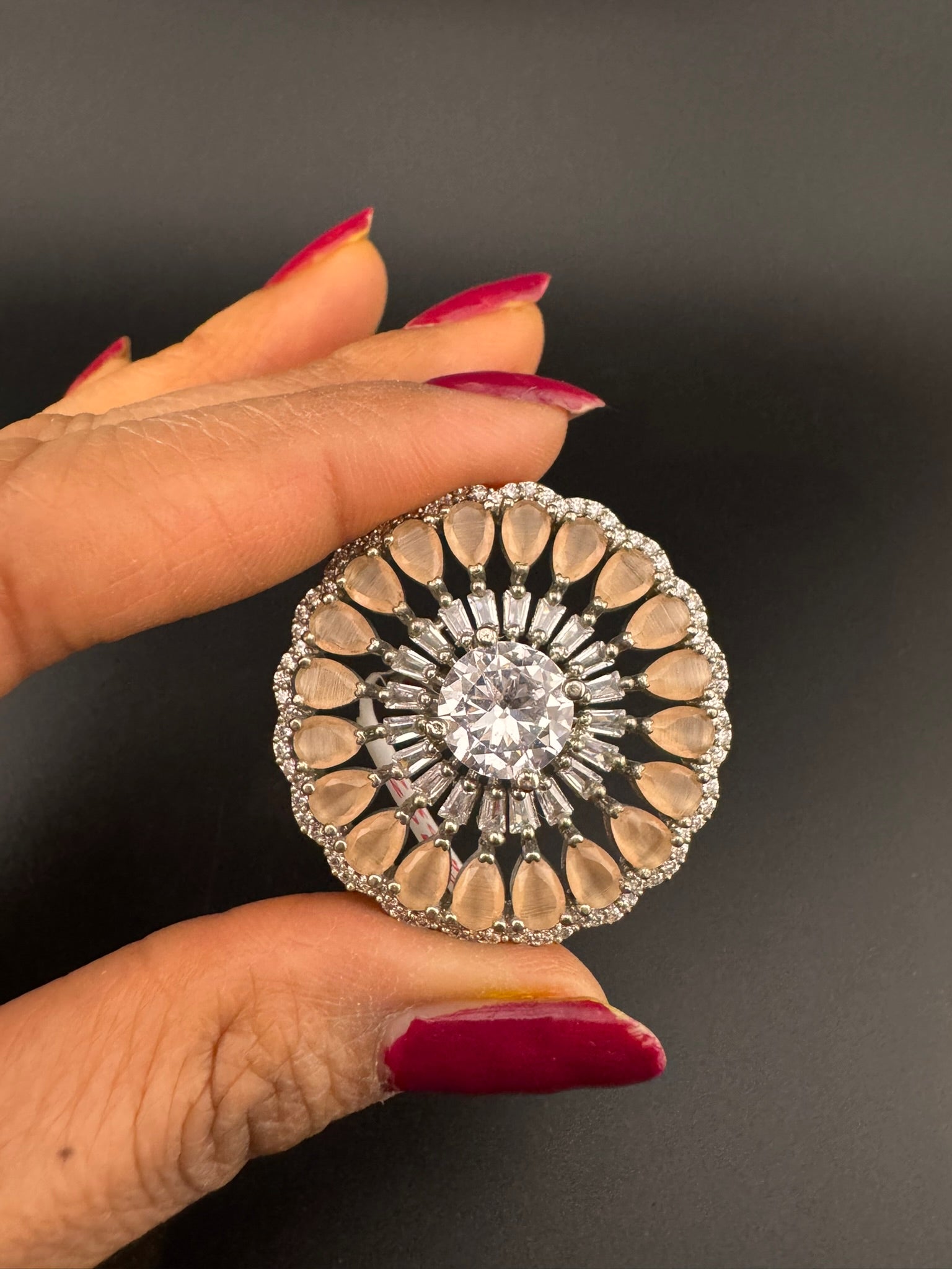 Premium Silver color Adjustable Big Ring in Stones and Cubic Zirconia