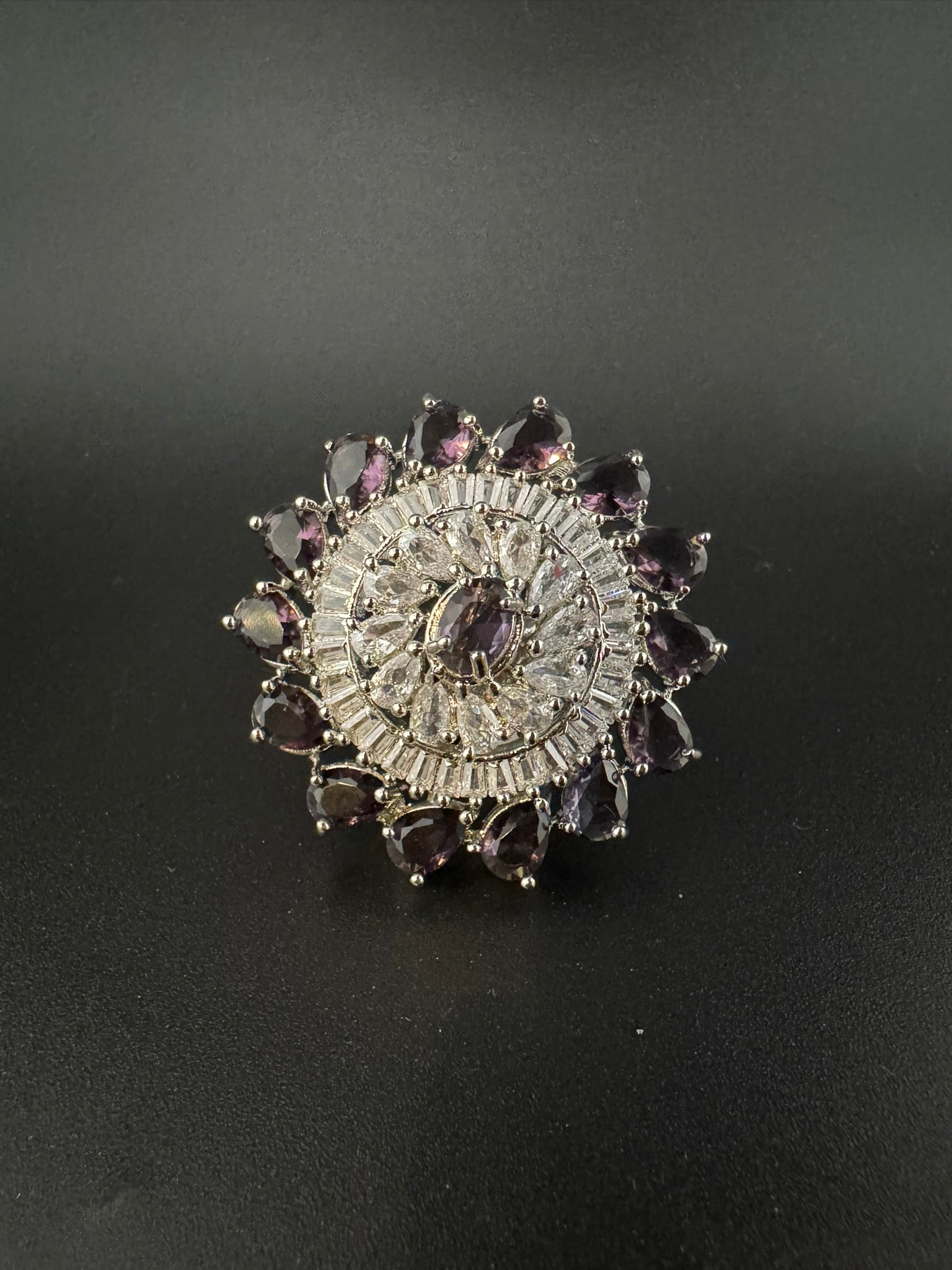 Premium Silver color Adjustable Big Ring in Crystals and Cubic Zirconia in Unique Design