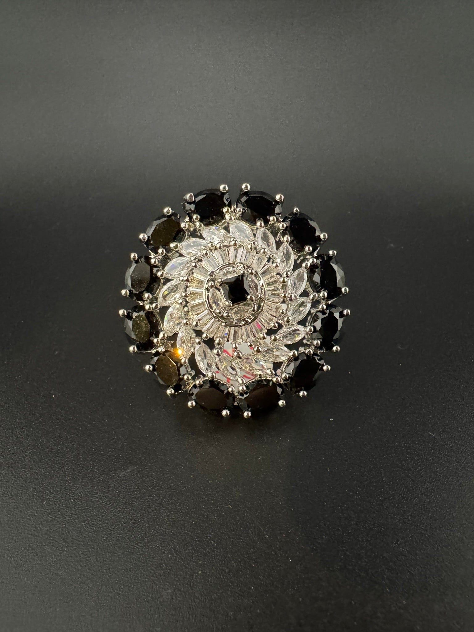 Premium Silver color Adjustable Big Ring in Crystals and Cubic Zirconia in Unique Design