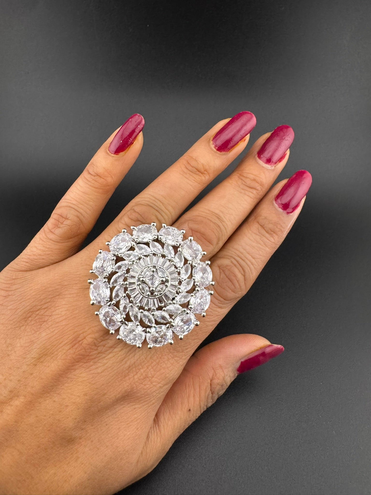 Premium Silver color Adjustable Big Ring in Crystals and Cubic Zirconia in Unique Design