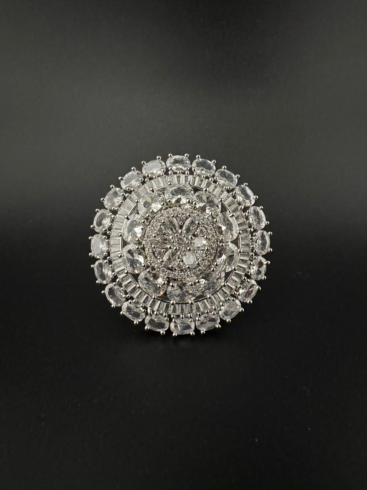 Premium Silver color Adjustable Big Ring in Crystals and Cubic Zirconia