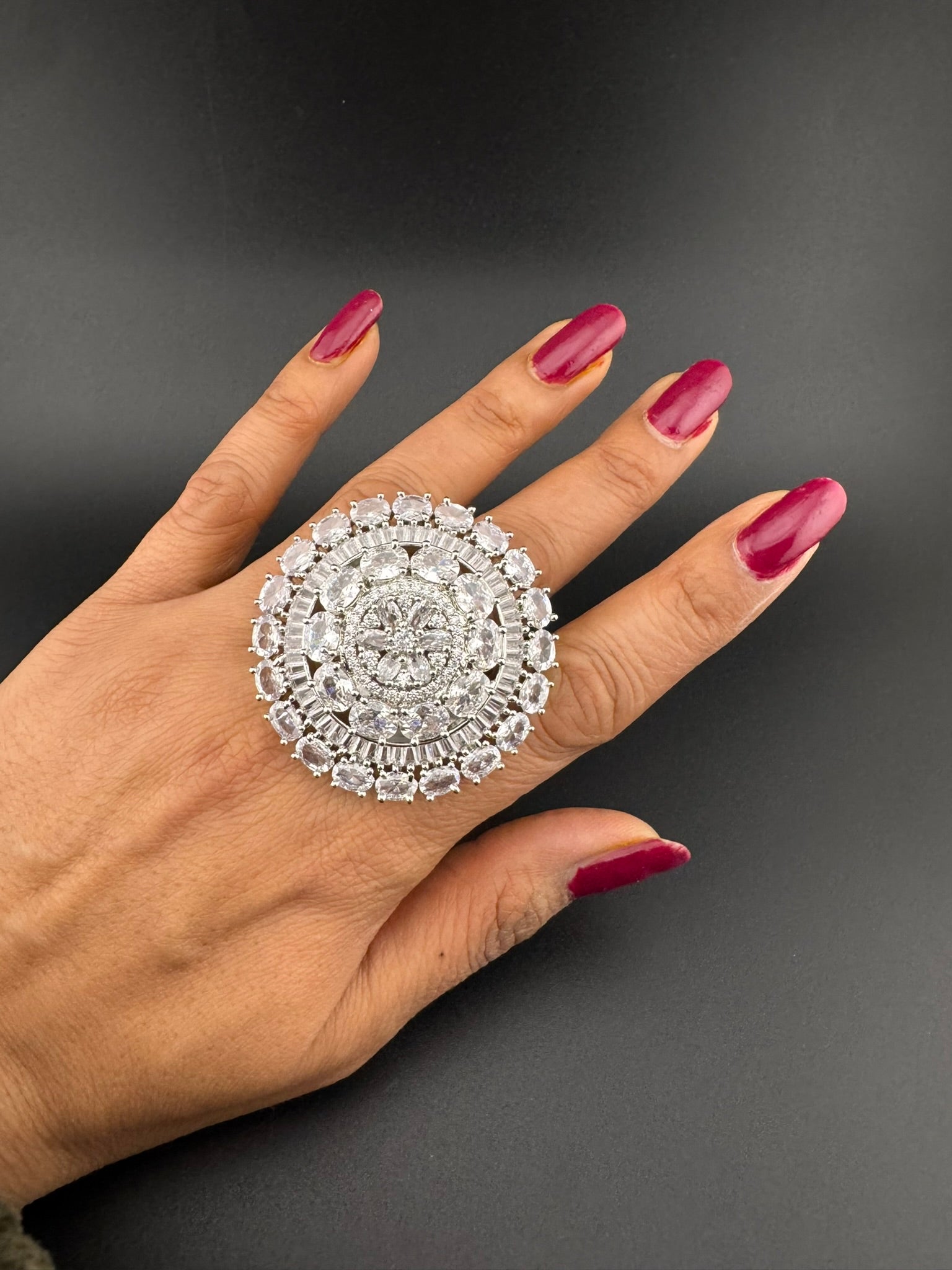 Premium Silver color Adjustable Big Ring in Crystals and Cubic Zirconia
