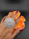 Premium Silver color Adjustable Big Ring in Crystals and Cubic Zirconia